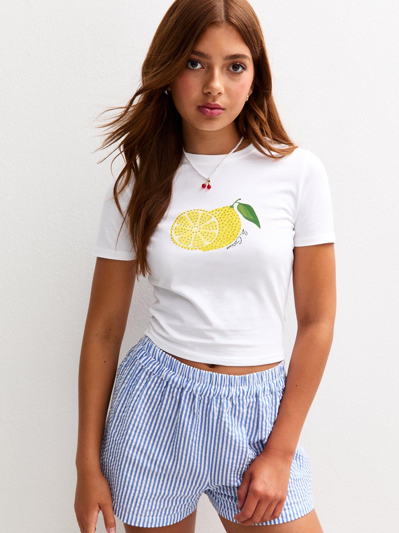 undefined Girls White Embellished Lemon Print Baby Tee T-shirt