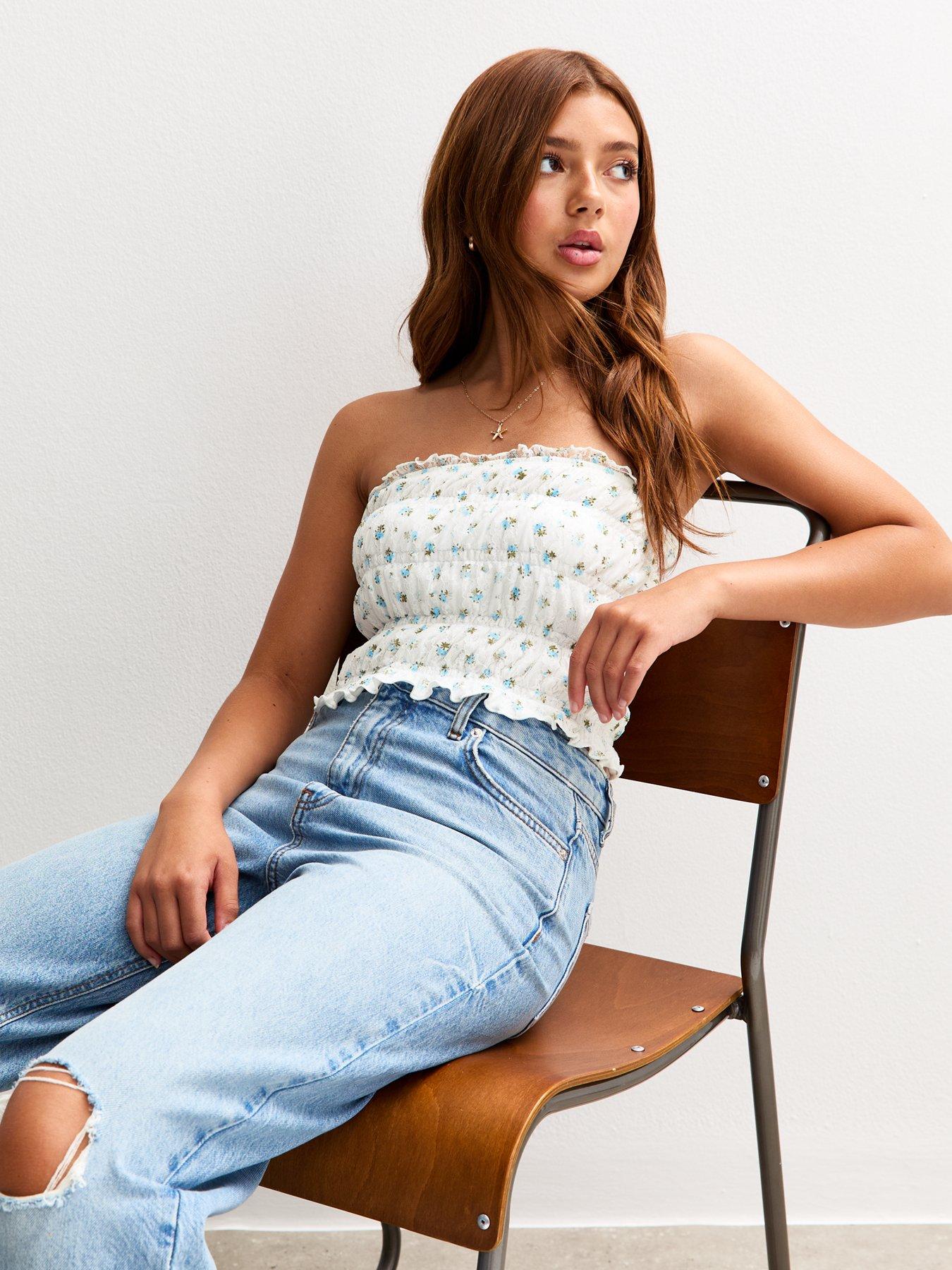 Image 4 of 5 of New Look 915 Girls&nbsp;Floral Print Shirred Lace Bandeau Top - White