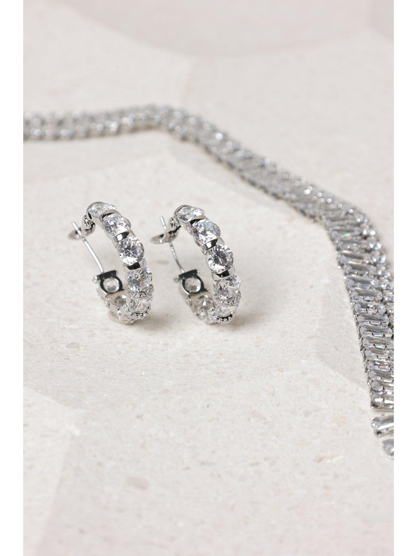 Image 3 of 5 of Jon Richard Rhodium Plated Cubic Zirconia Round Stone Hoop Earrings