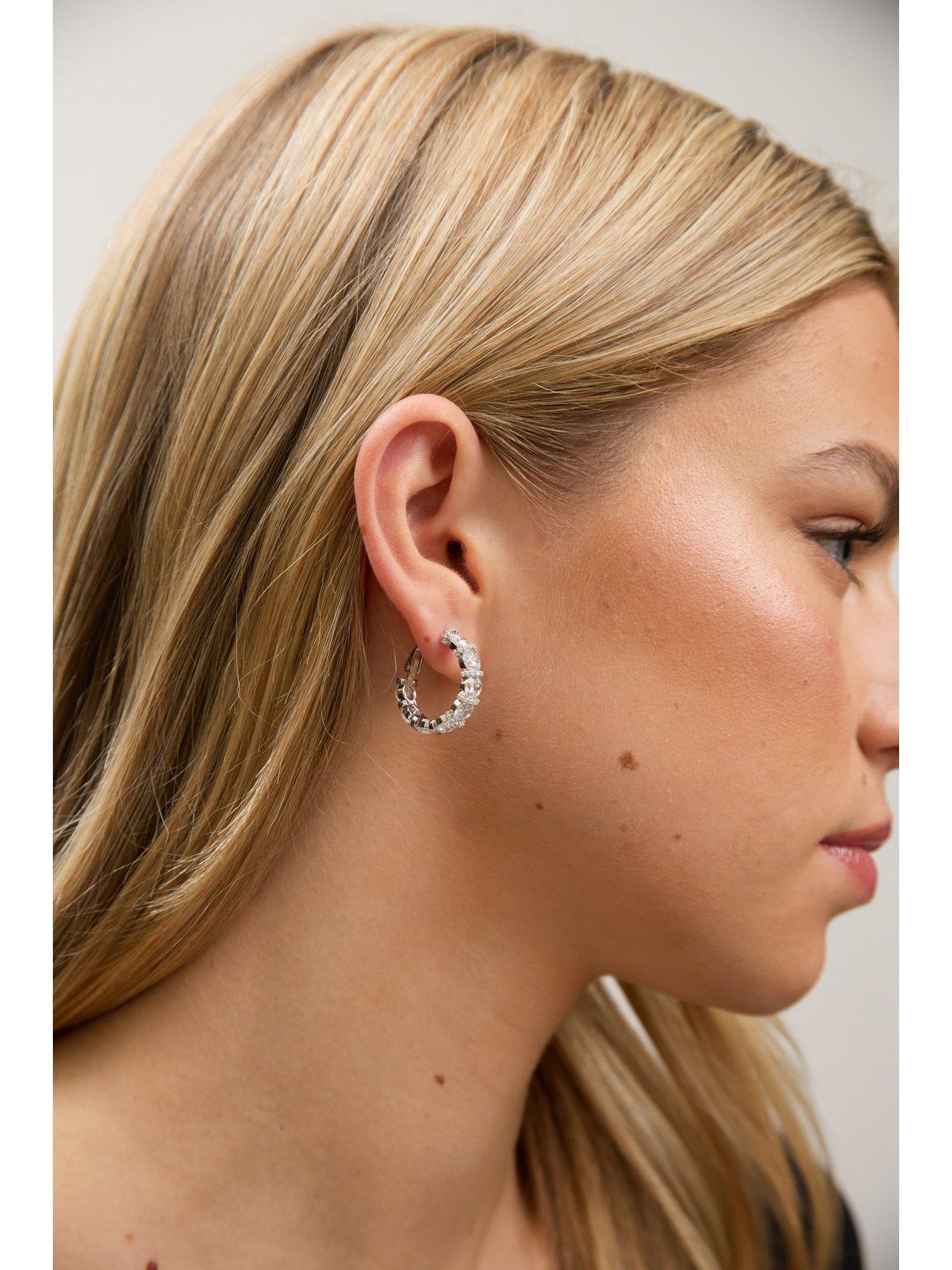 Image 4 of 5 of Jon Richard Rhodium Plated Cubic Zirconia Round Stone Hoop Earrings