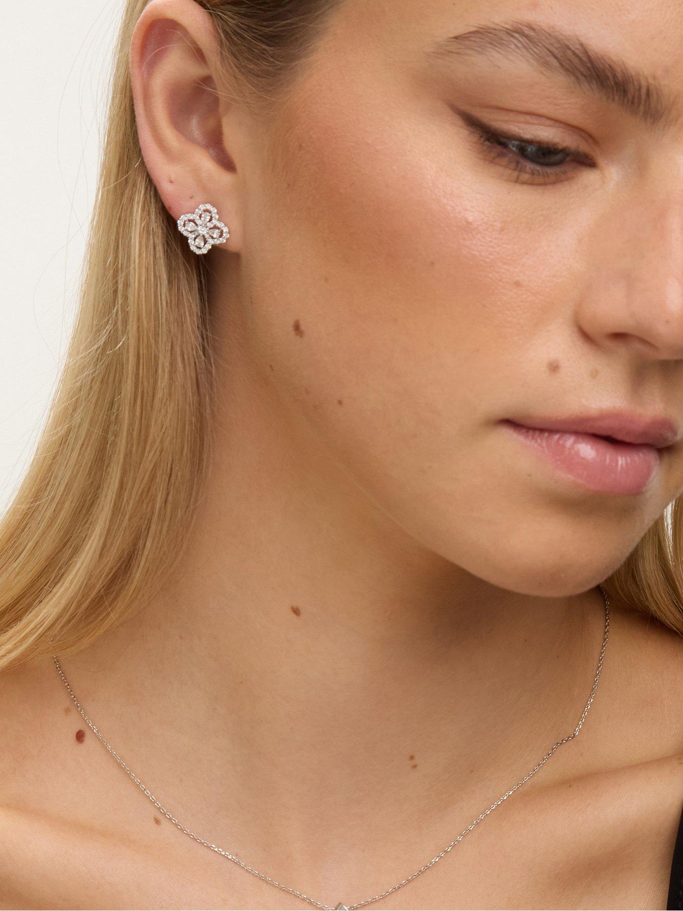 Jon Richard Rhodium Plated and Cubic Zirconia Clover Stud Earrings - Gift Box