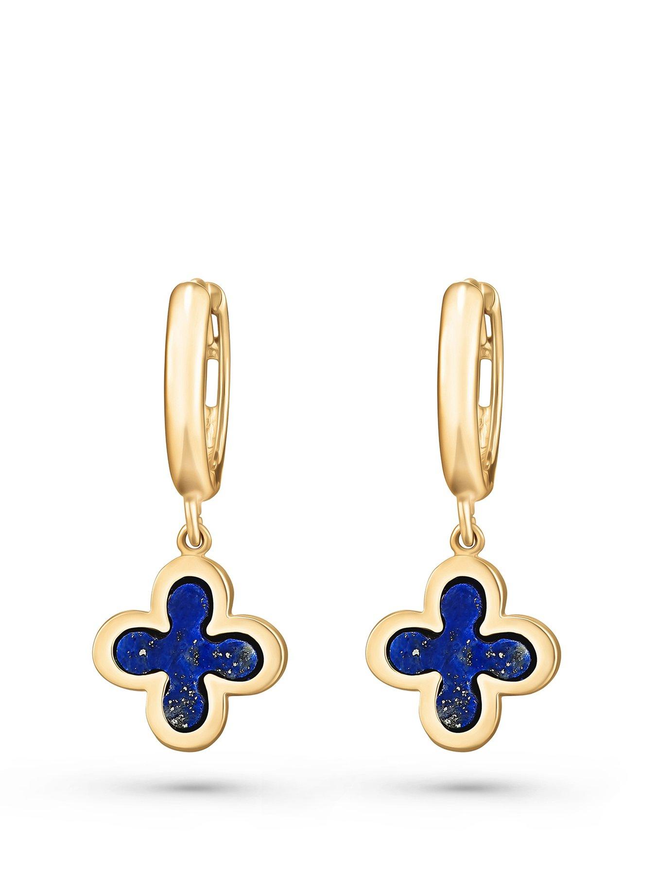 undefined 9Ct Gold Lapis Clover Huggie Earrings
