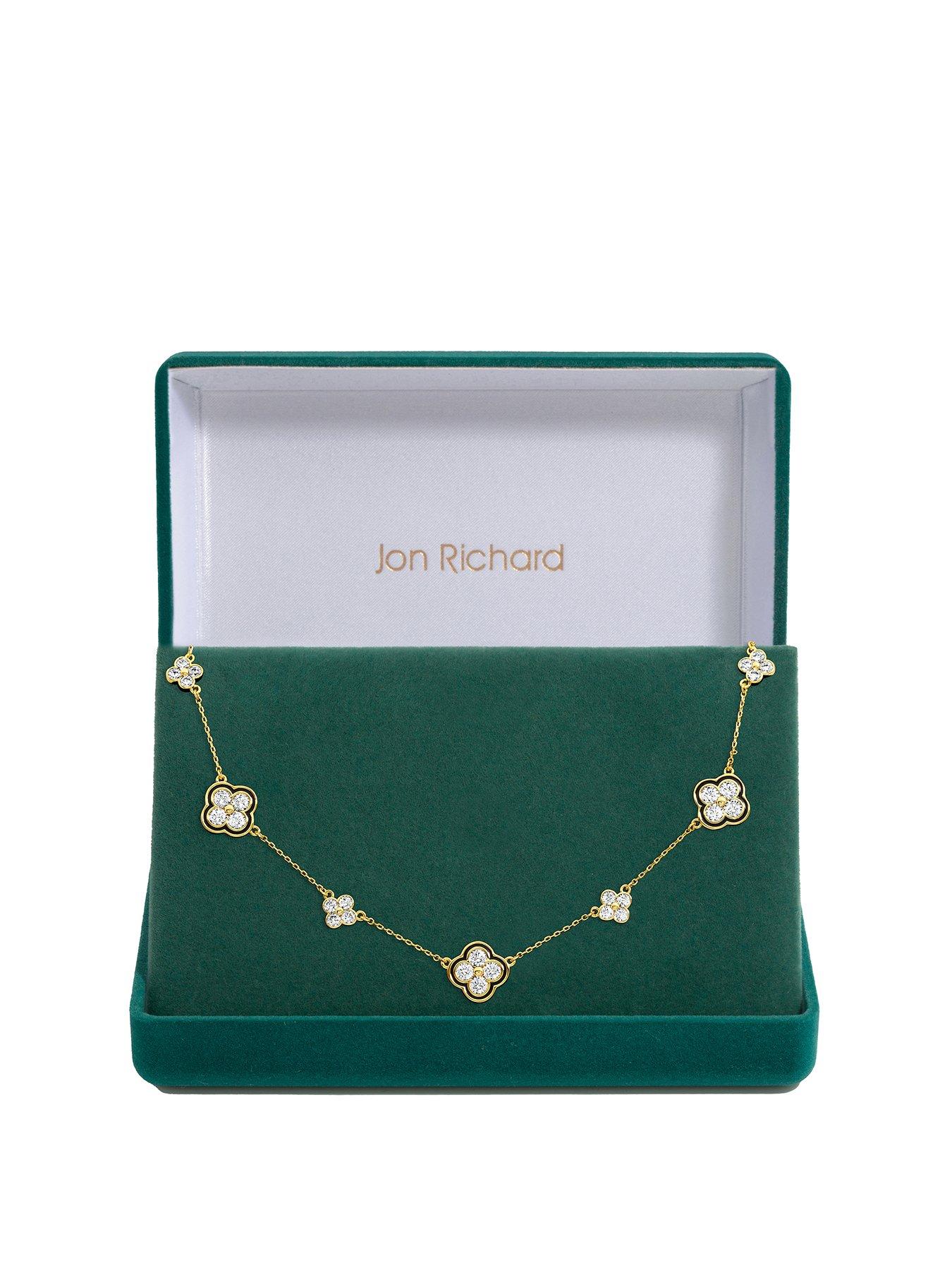 undefined 14K Gold Plated Jet and Crystal Clover Necklace - Gift Box