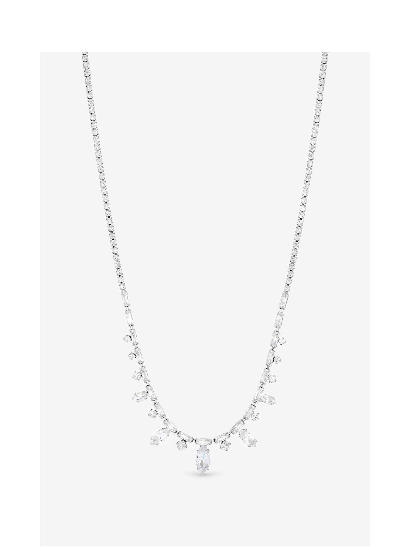undefined Rhodium Plated Cubic Zirconia Navette Stone Drop Necklace