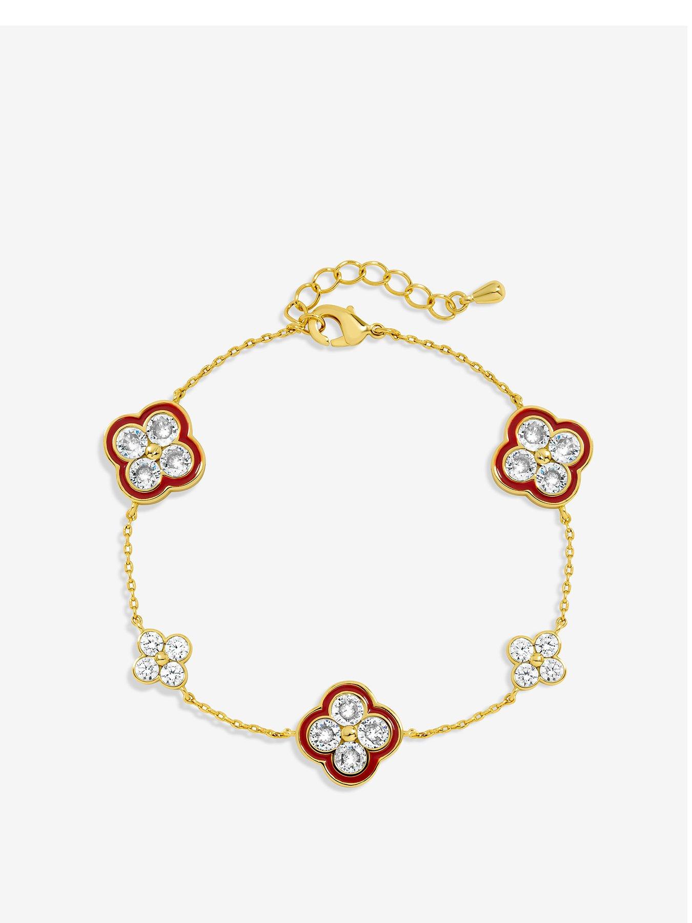 undefined 14K Gold Plated Pave and Red Clover Bracelet