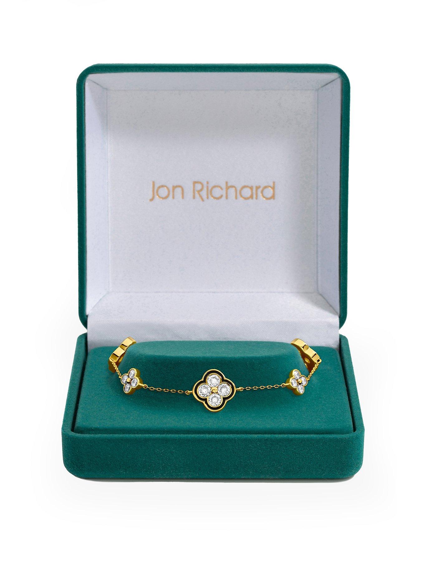 Jon Richard 14K Gold Plated Jet and Crystal Clover Bracelet - Gift Box