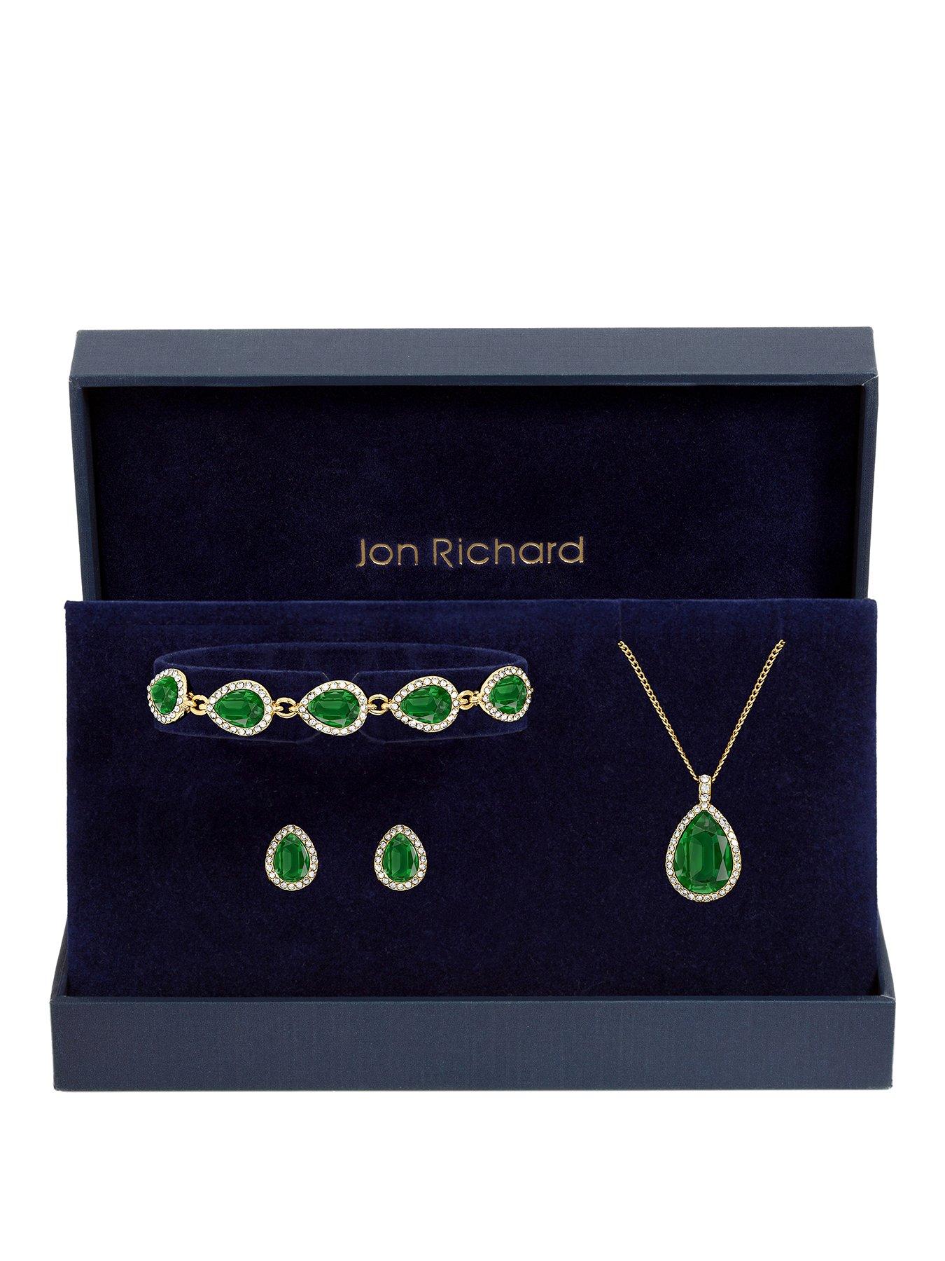 Image 1 of 6 of Jon Richard Gold Plated and Emerald Pear Drop Trio Set - Gift Box