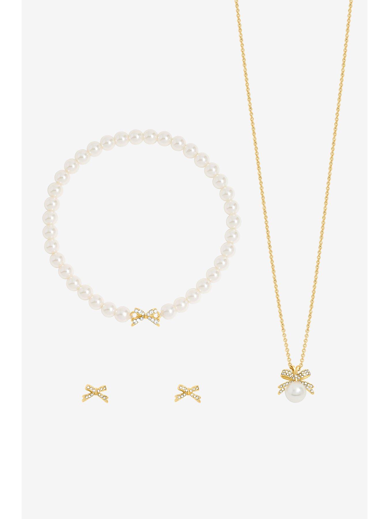  image of jon-richard-gold-plated-pearl-and-crystal-bow-trio-set-gift-box