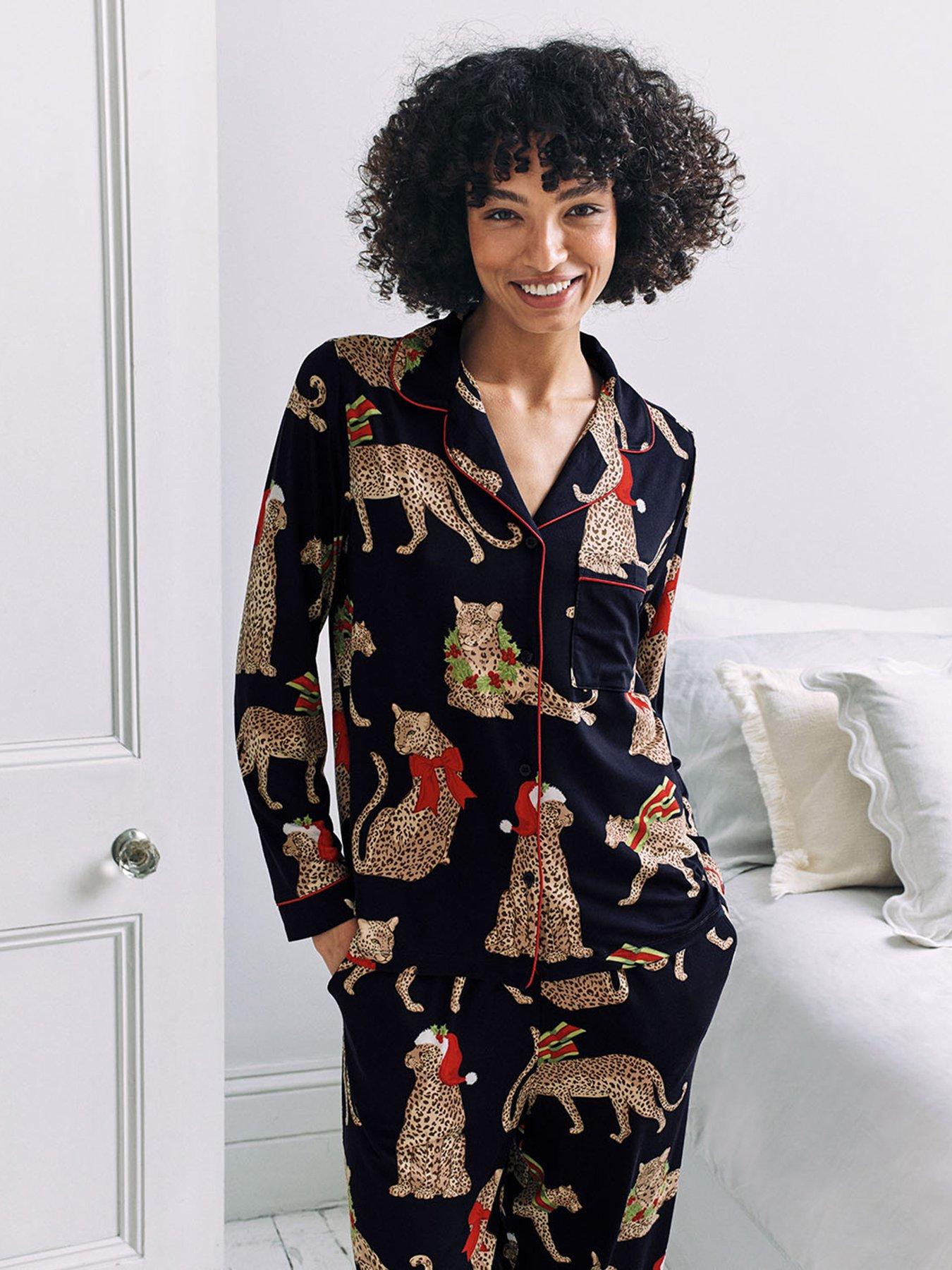 Image 2 of 6 of CHELSEA PEERS Ladies Christmas Long Button Up Printed Pyjama Set - Navy