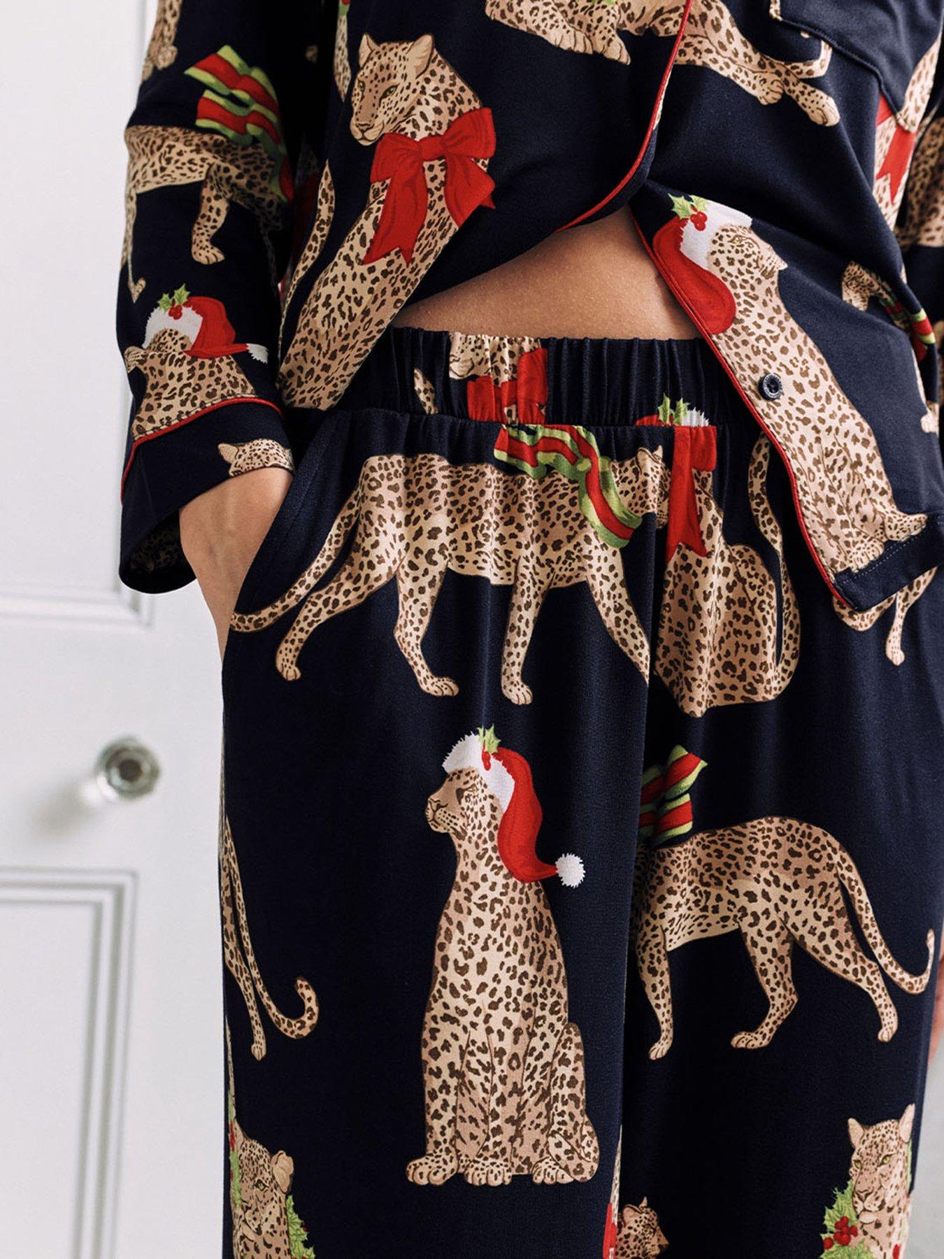  image of chelsea-peers-ladies-christmas-long-button-up-printed-pyjama-set-navy