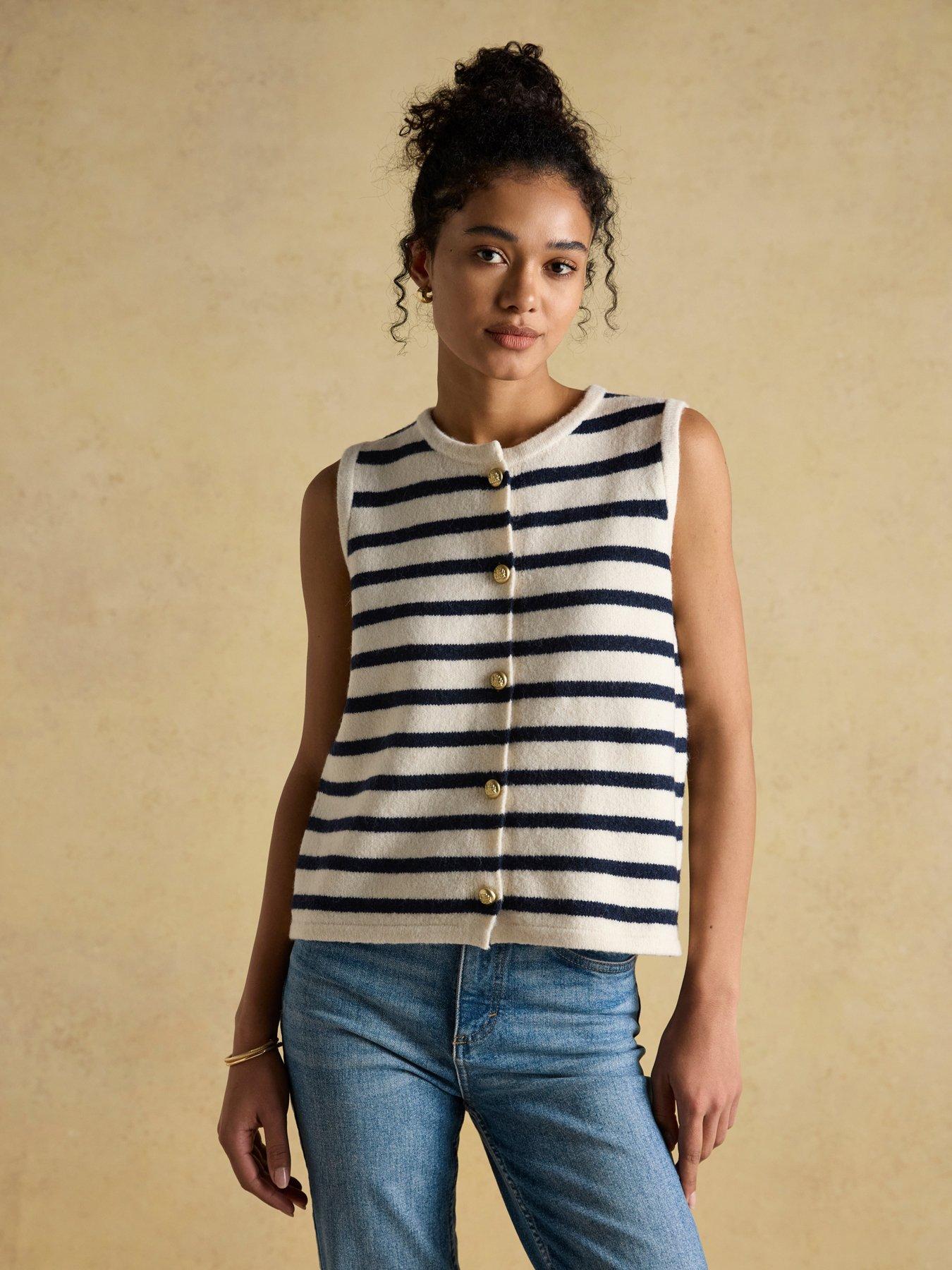 Joules Button Through Knitted Vest - Cream/Navy
