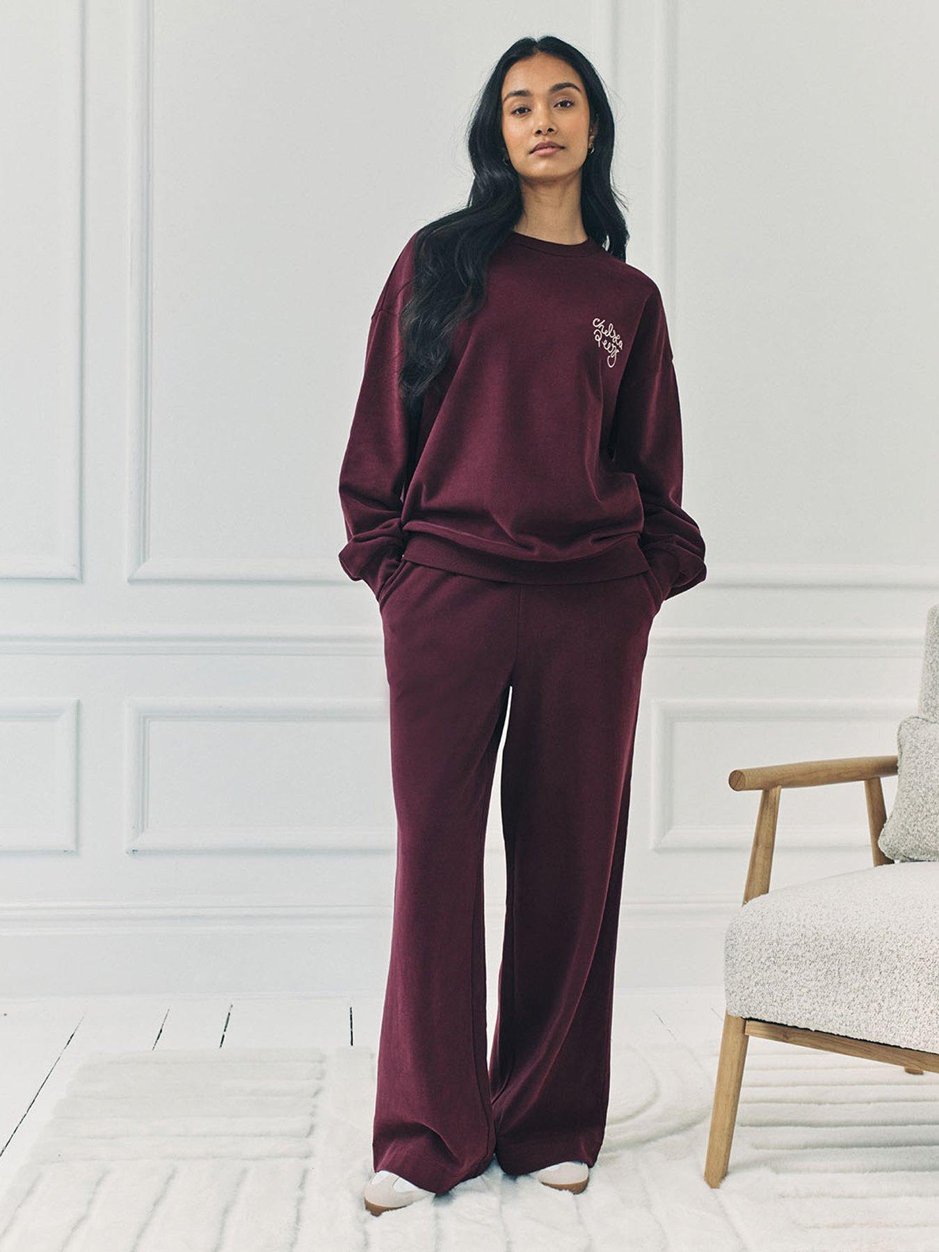  image of chelsea-peers-wide-leg-jogger-bottoms-burgundy-red