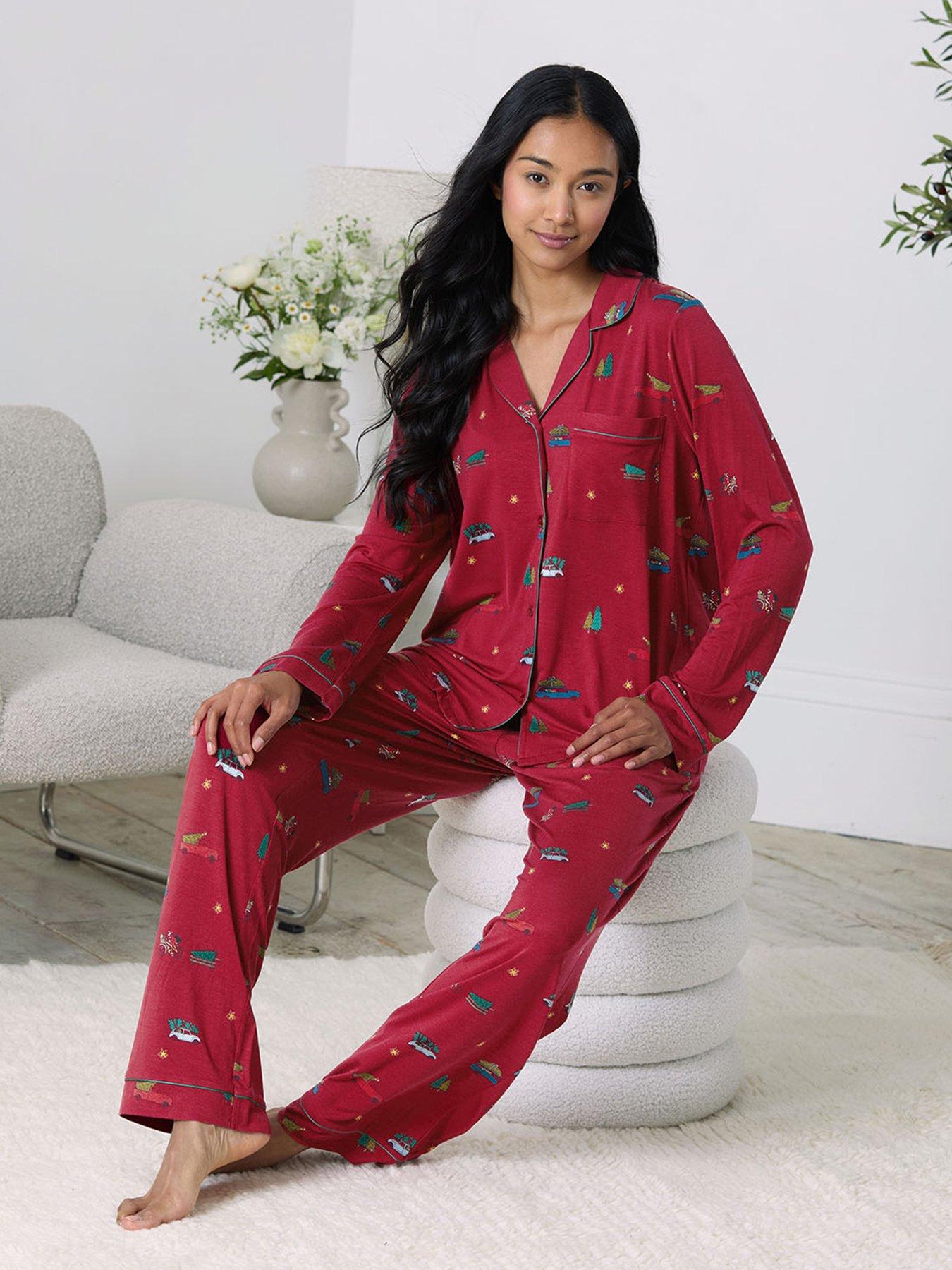 Image 1 of 6 of CHELSEA PEERS Christmas Long Button Up Set In Lenzing Modal - Red