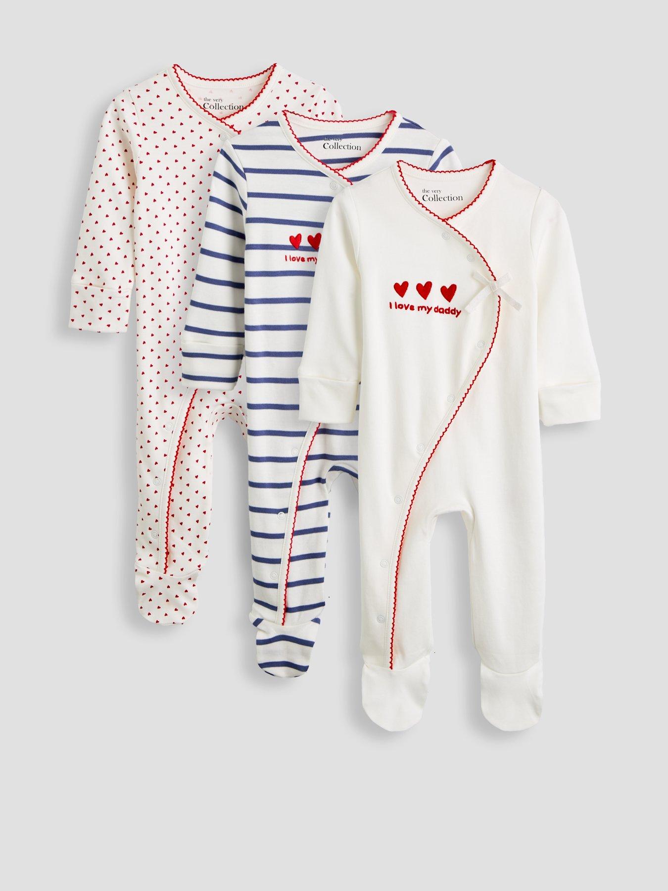 The Very Collection Heart Print Cross Front 3 Pack Sleepsuits - Red