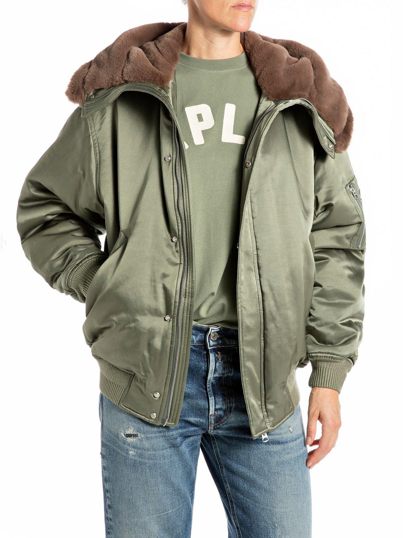 Replay Short Fur Hooded Bomber - Green