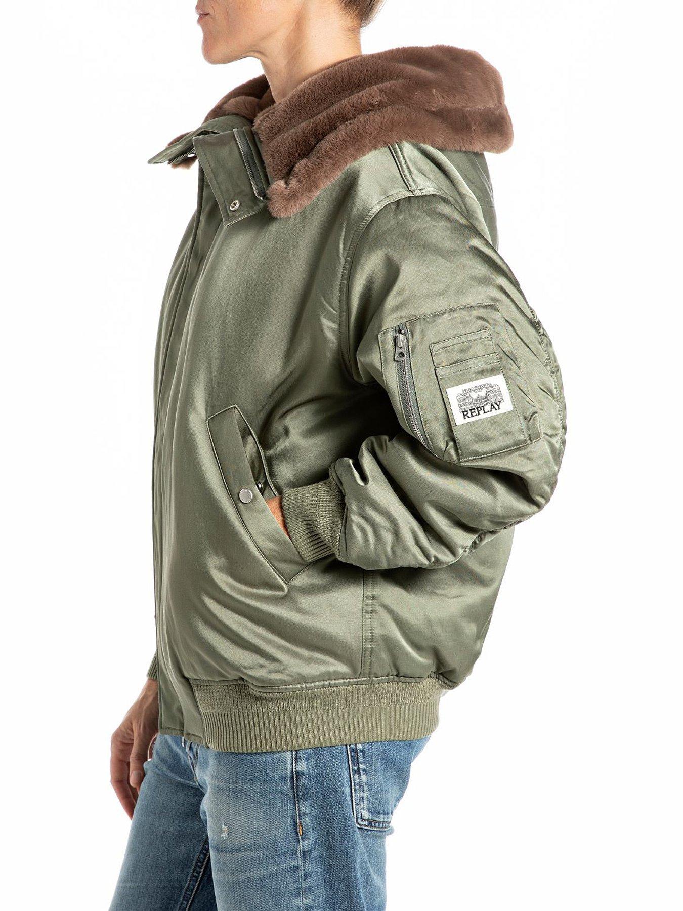 Image 3 of 3 of Replay Short Fur Hooded Bomber - Green