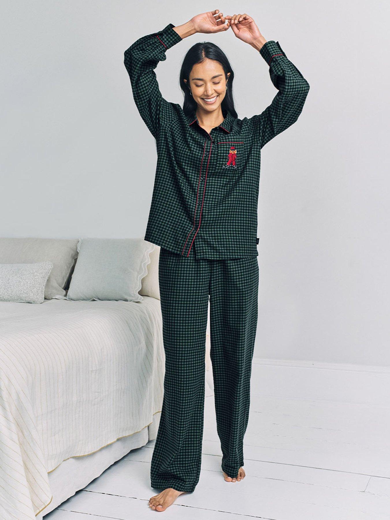 Image 1 of 6 of CHELSEA PEERS Button Down Shirt And Straight Leg Bottoms Pyjama Set - Green