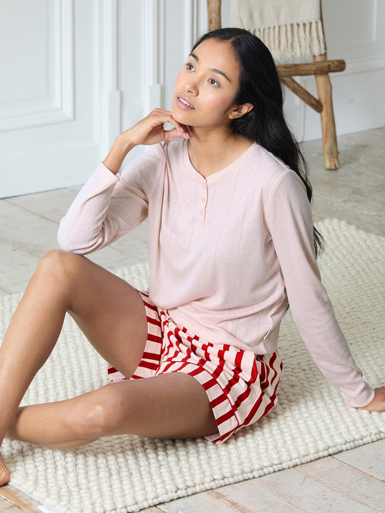 Image 6 of 6 of CHELSEA PEERS Henley Pointelle Top With Cotton Boxer Bottoms - Pink