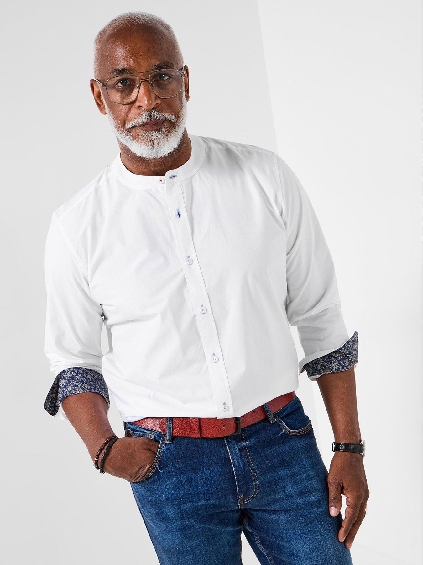 undefined Contrast Trim Grandad Collar Long Sleeve Shirt - White