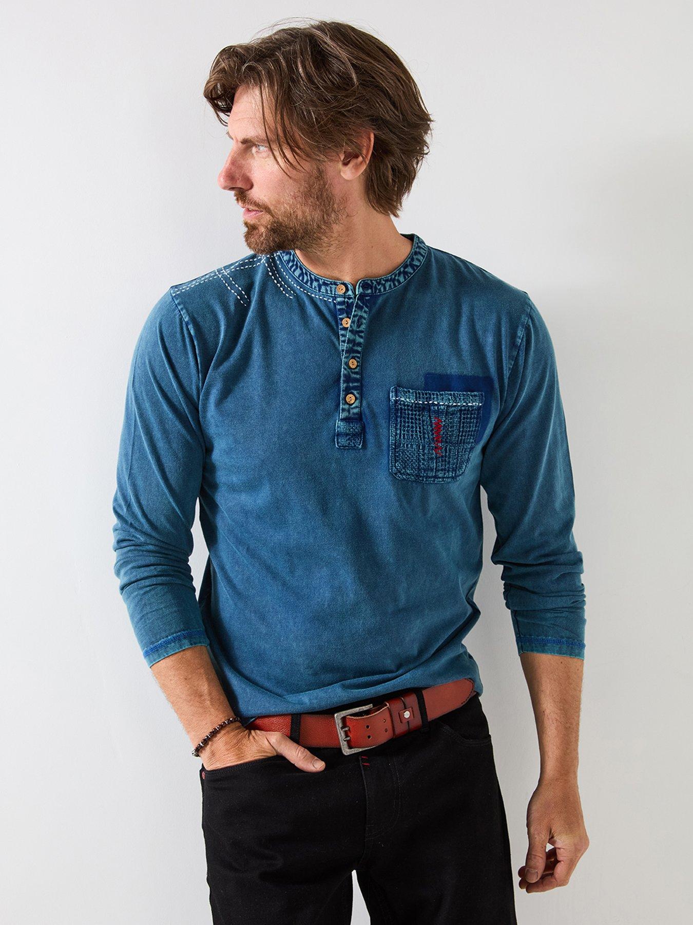 undefined Indigo Washed Henley T Shirt - Blue