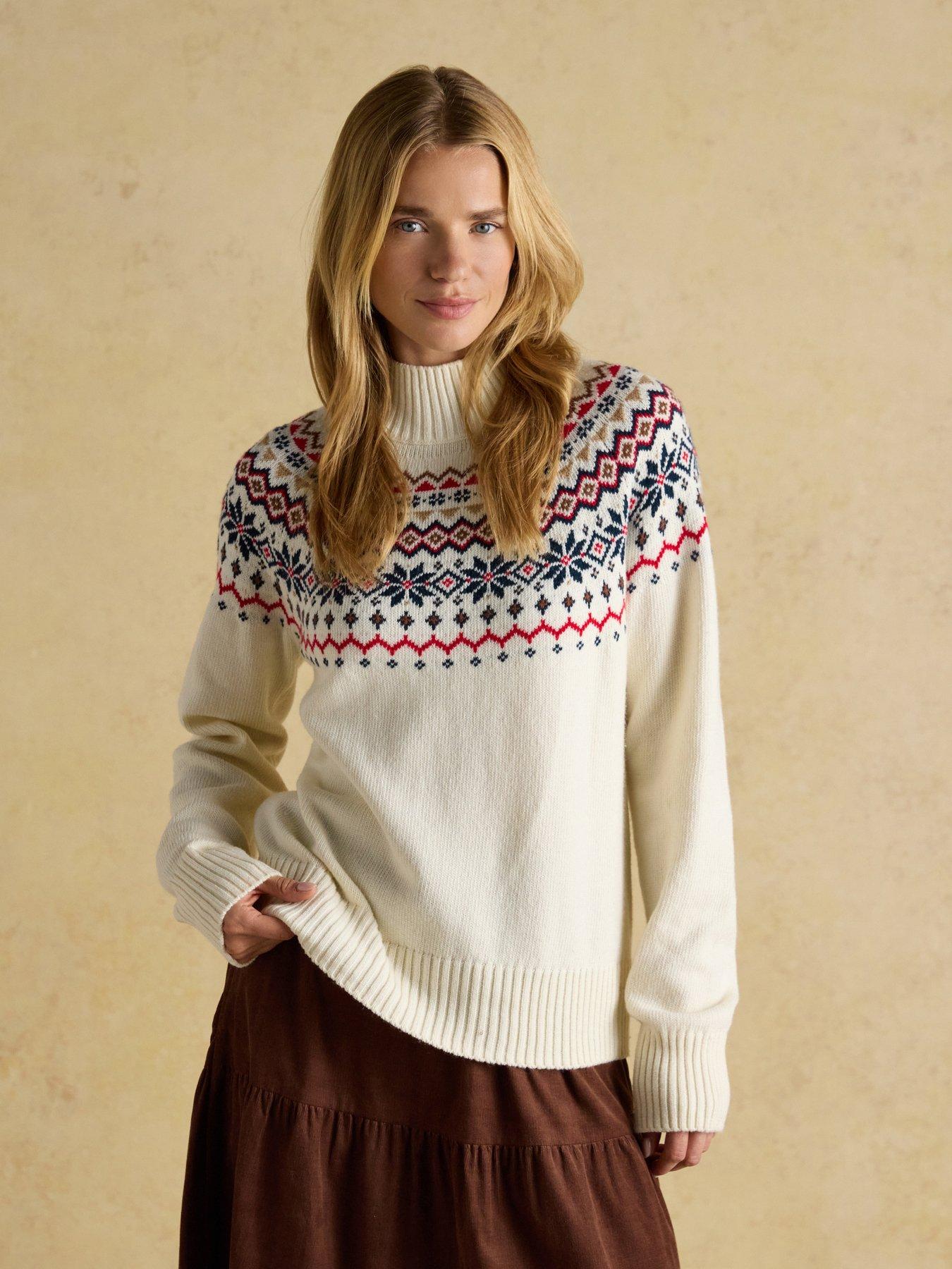 Joules Fairisle High Neck Cotton Rich Jumper - Cream