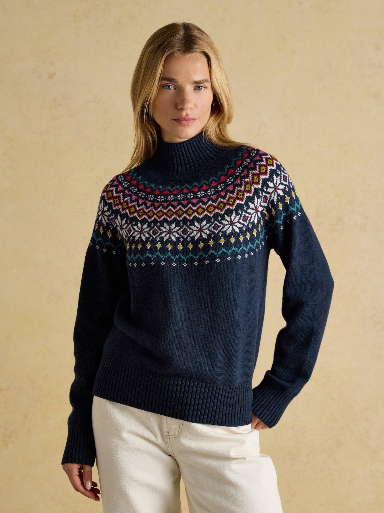 Joules Fairisle High Neck Cotton Rich Jumper - Navy
