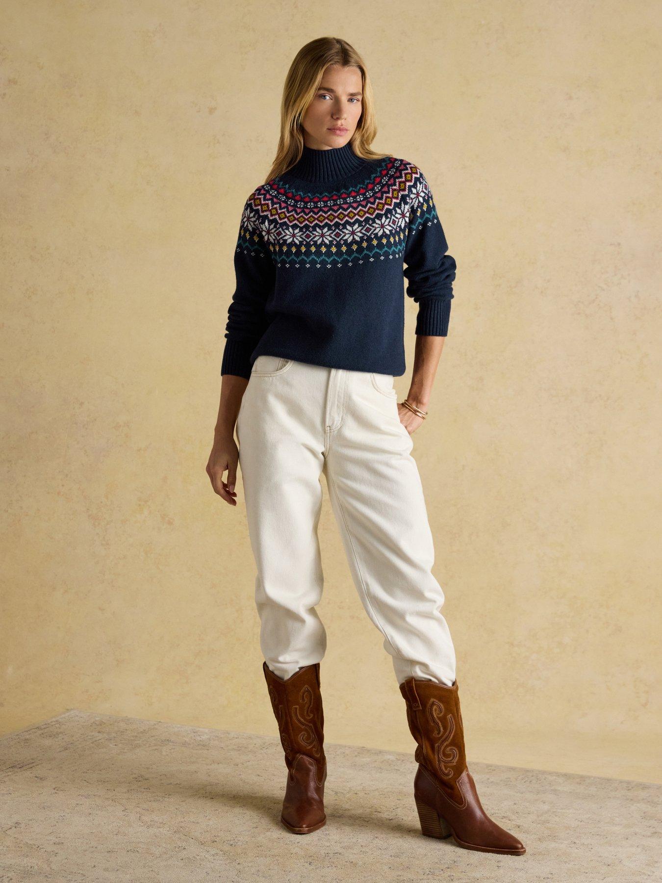  image of joules-fairisle-high-neck-cotton-rich-jumper-navy