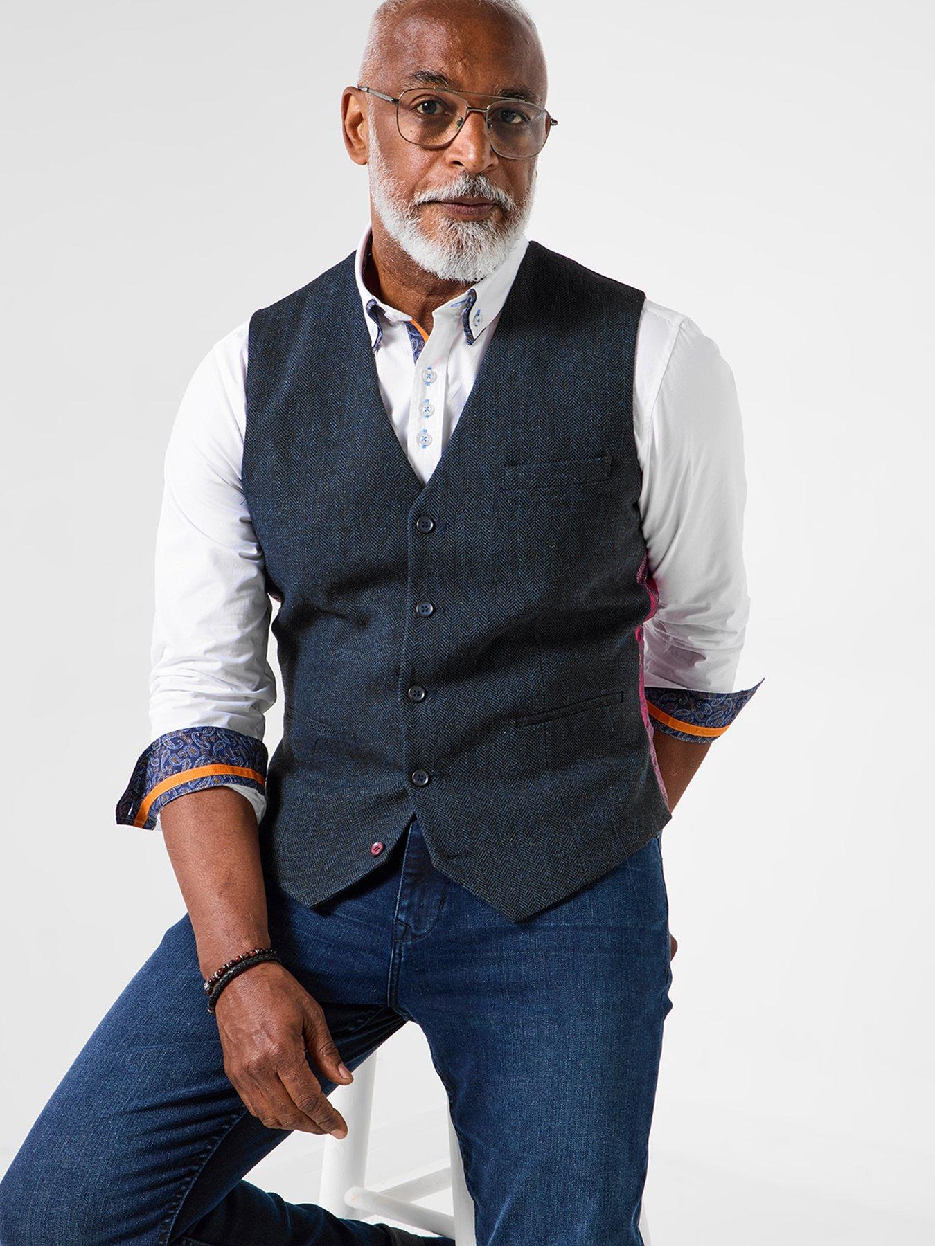 undefined Herringbone Button Waistcoat - Navy