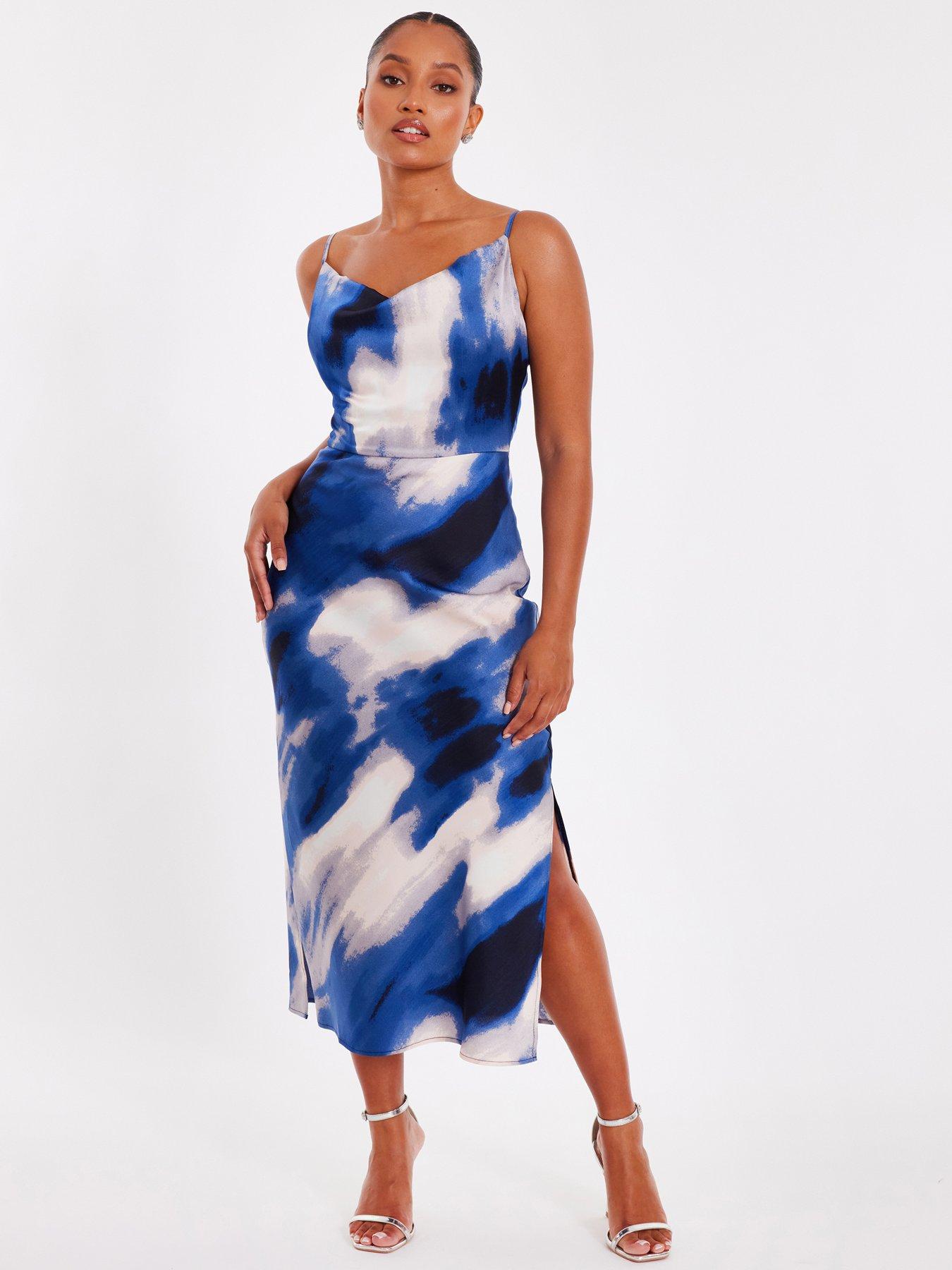 quiz-petite-blue-satin-marble-midaxi-dress