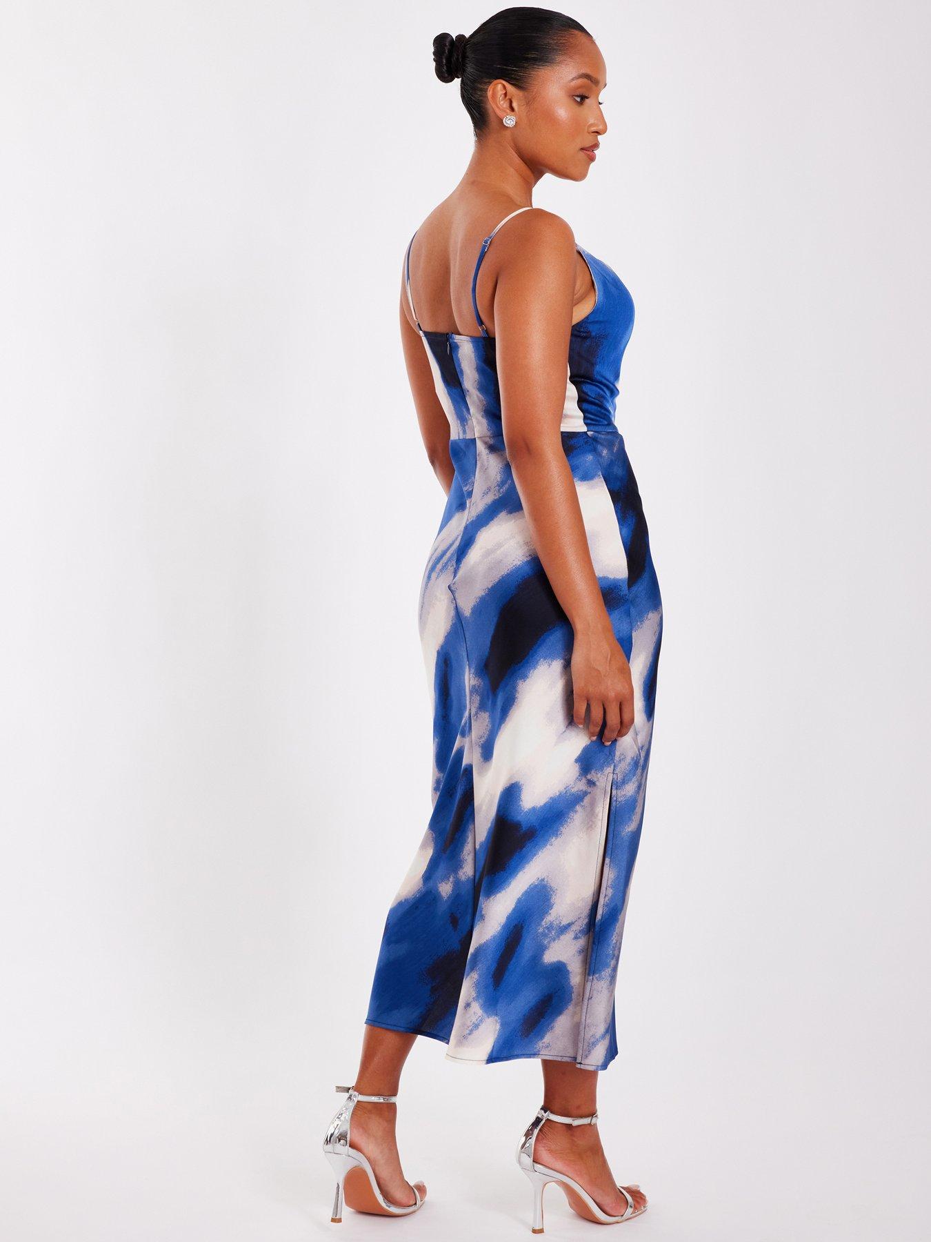 Image 2 of 6 of Quiz Petite Blue Satin Marble Midaxi Dress