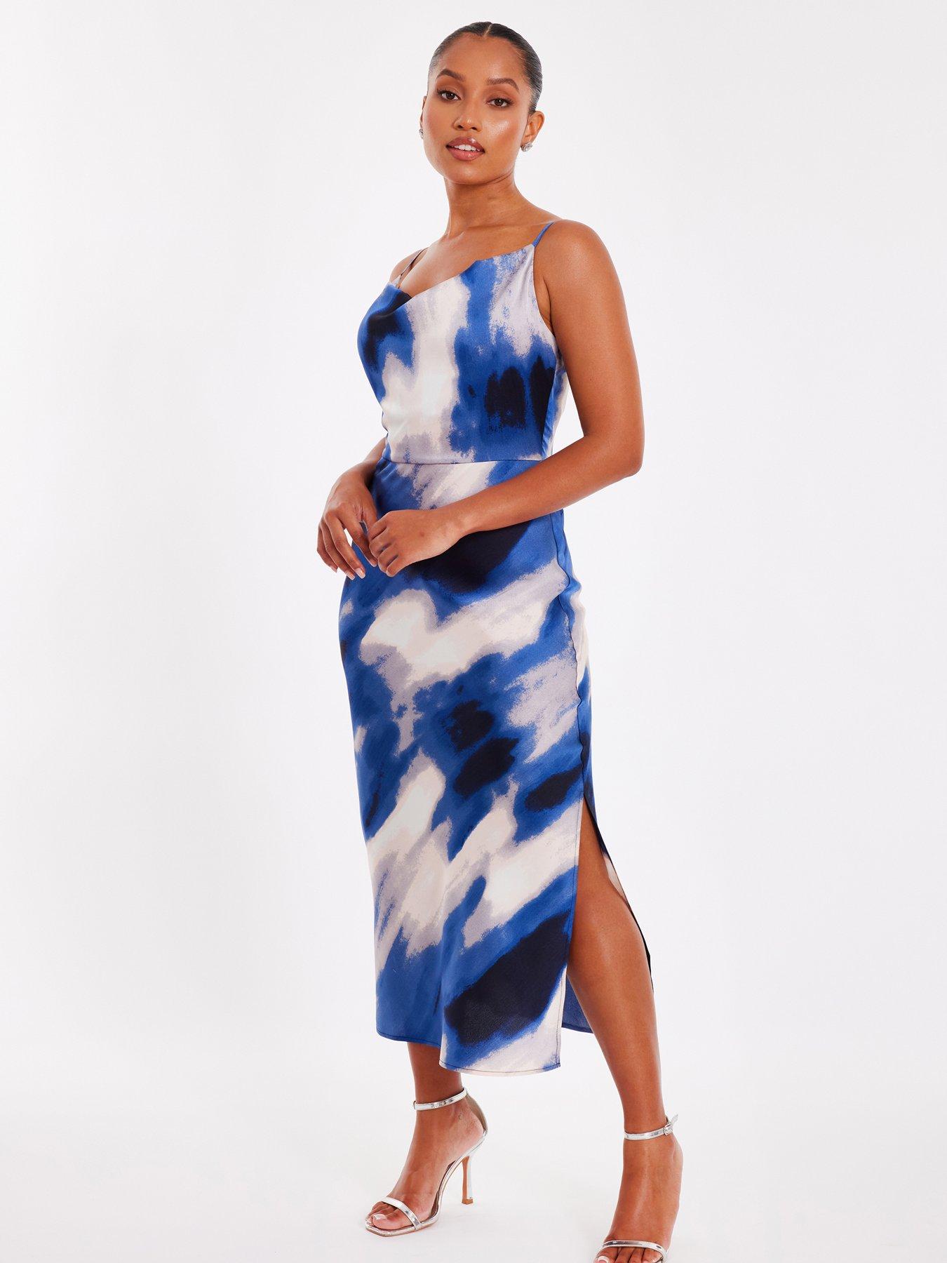 Image 3 of 6 of Quiz Petite Blue Satin Marble Midaxi Dress