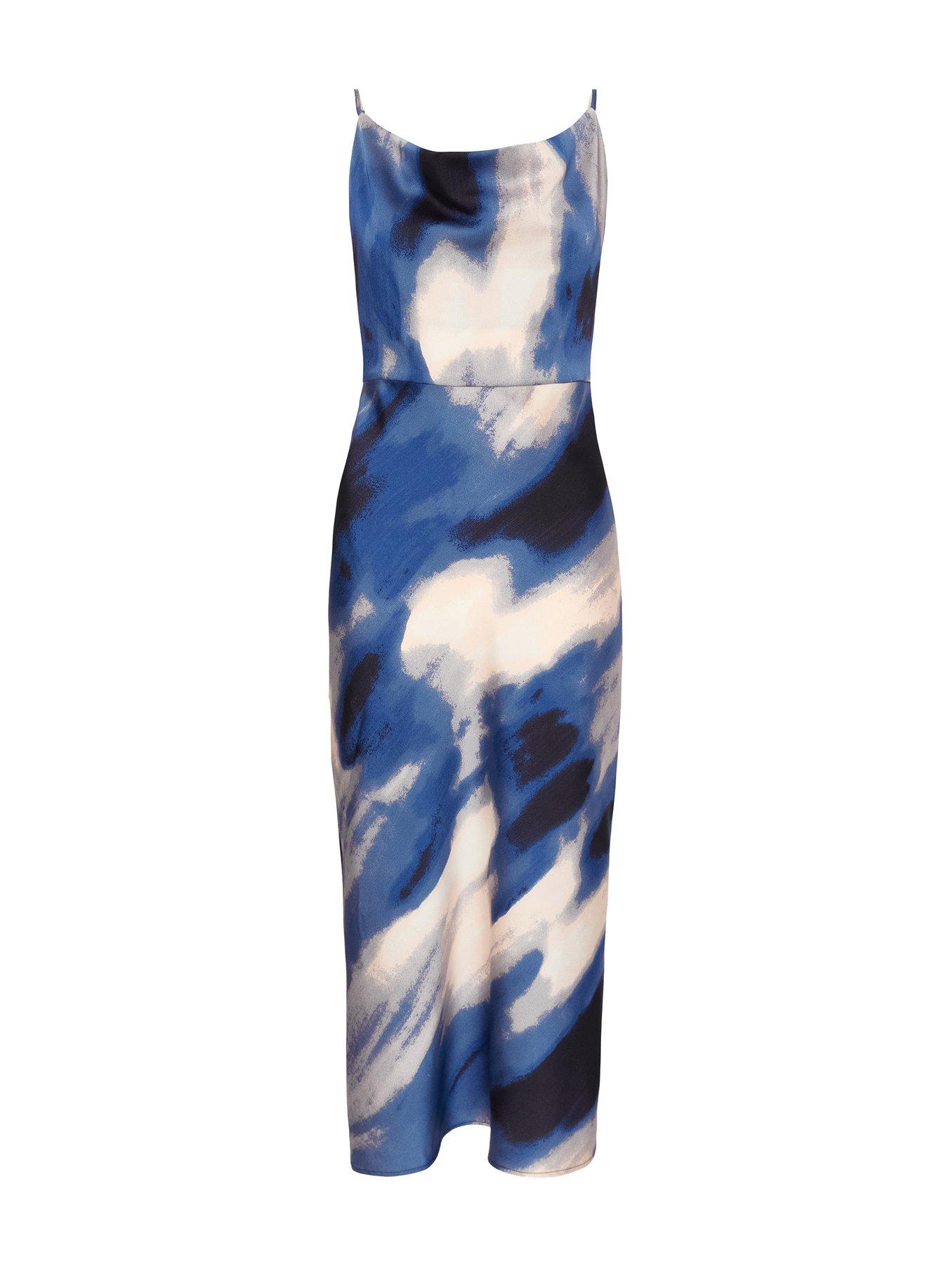 Image 4 of 6 of Quiz Petite Blue Satin Marble Midaxi Dress