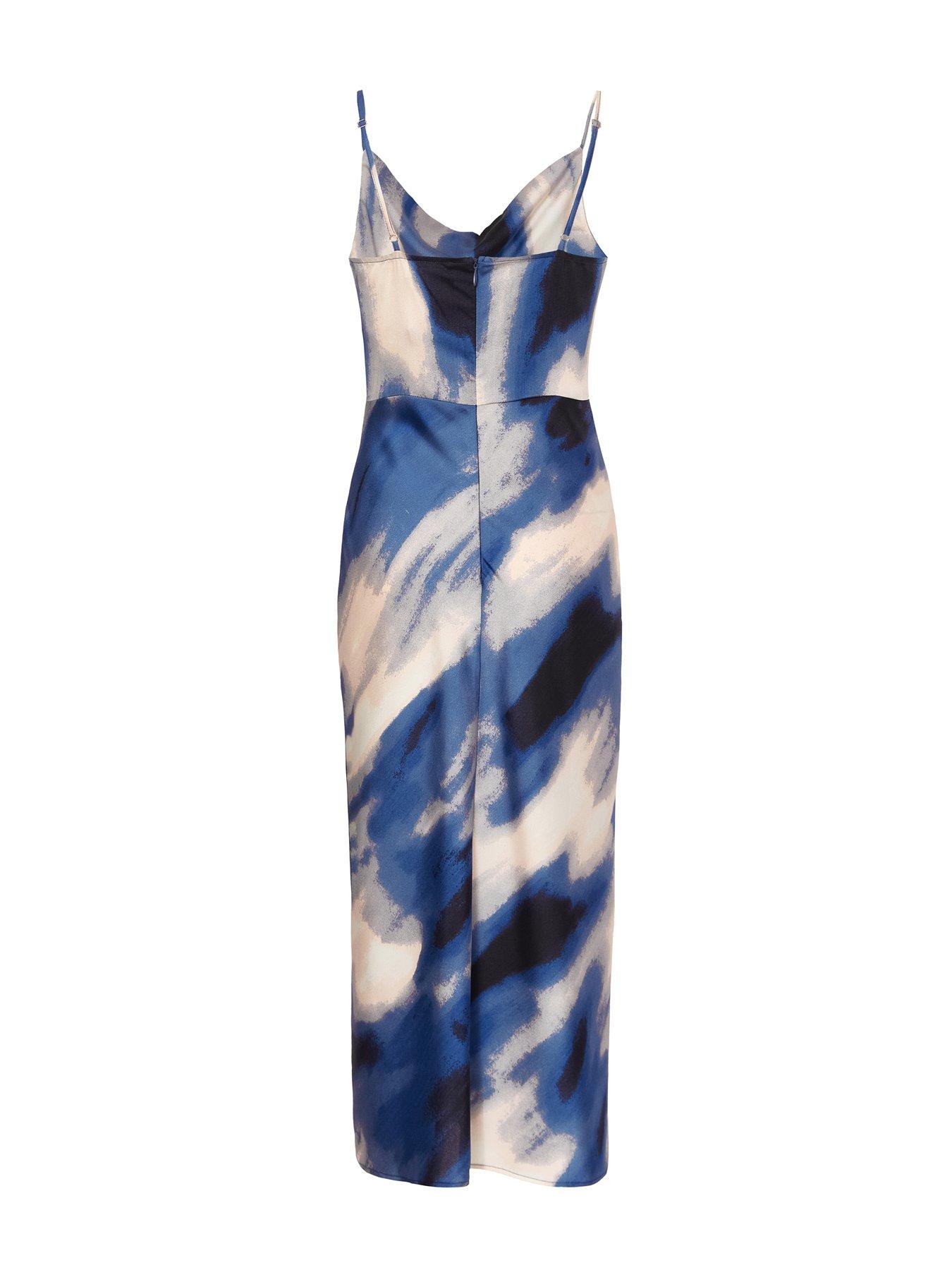 Image 5 of 6 of Quiz Petite Blue Satin Marble Midaxi Dress