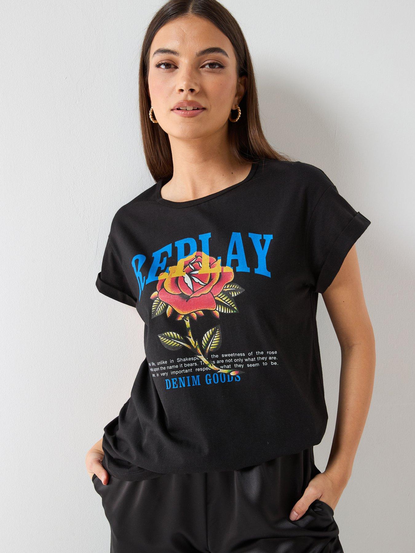  image of replay-rose-logo-print-t-shirt-black