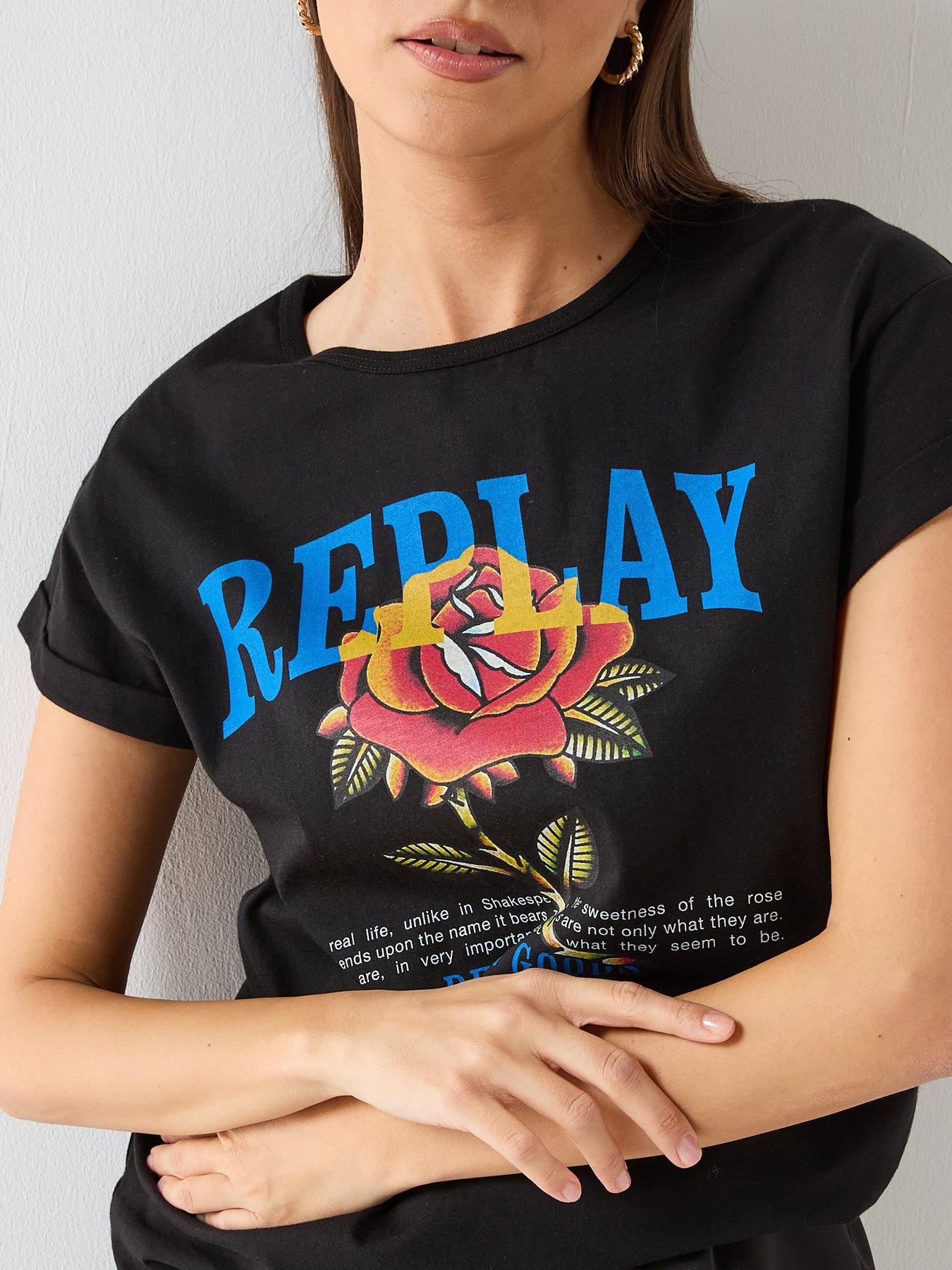  image of replay-rose-logo-print-t-shirt-black