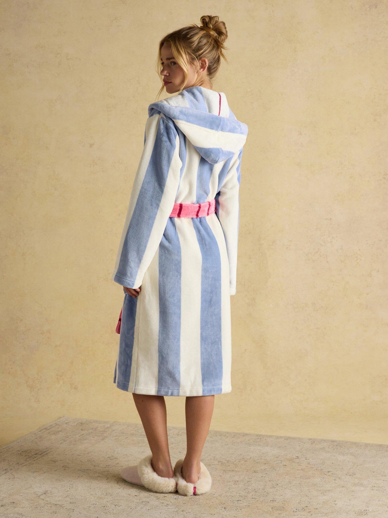 joules dressing gown ladies Fleece with Hood - Cream/Blue FLASHWK33
