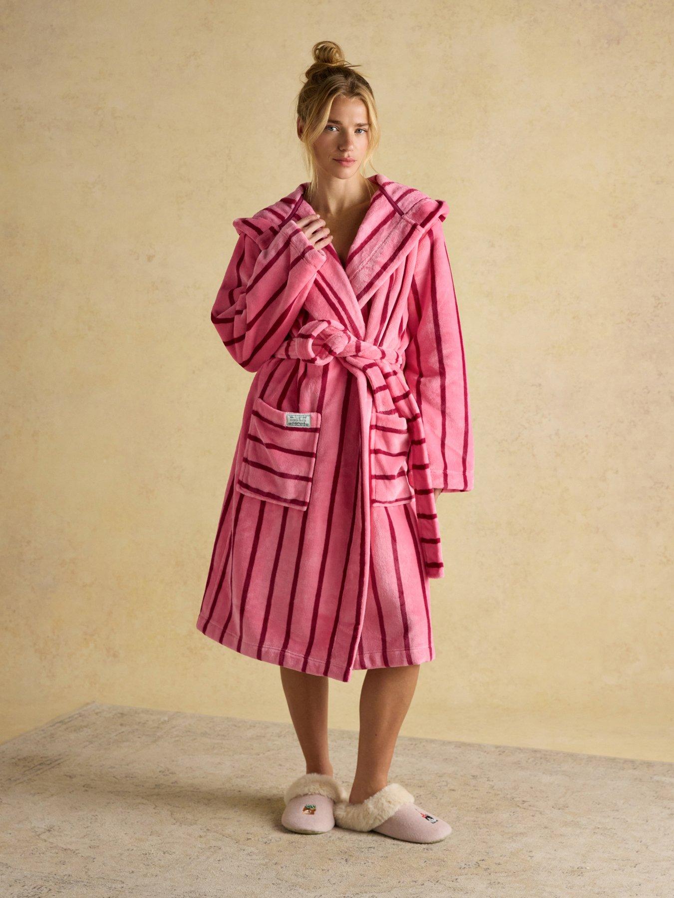 Image 1 of 5 of Joules Fleece Dressing Gown with Hood - Pink
