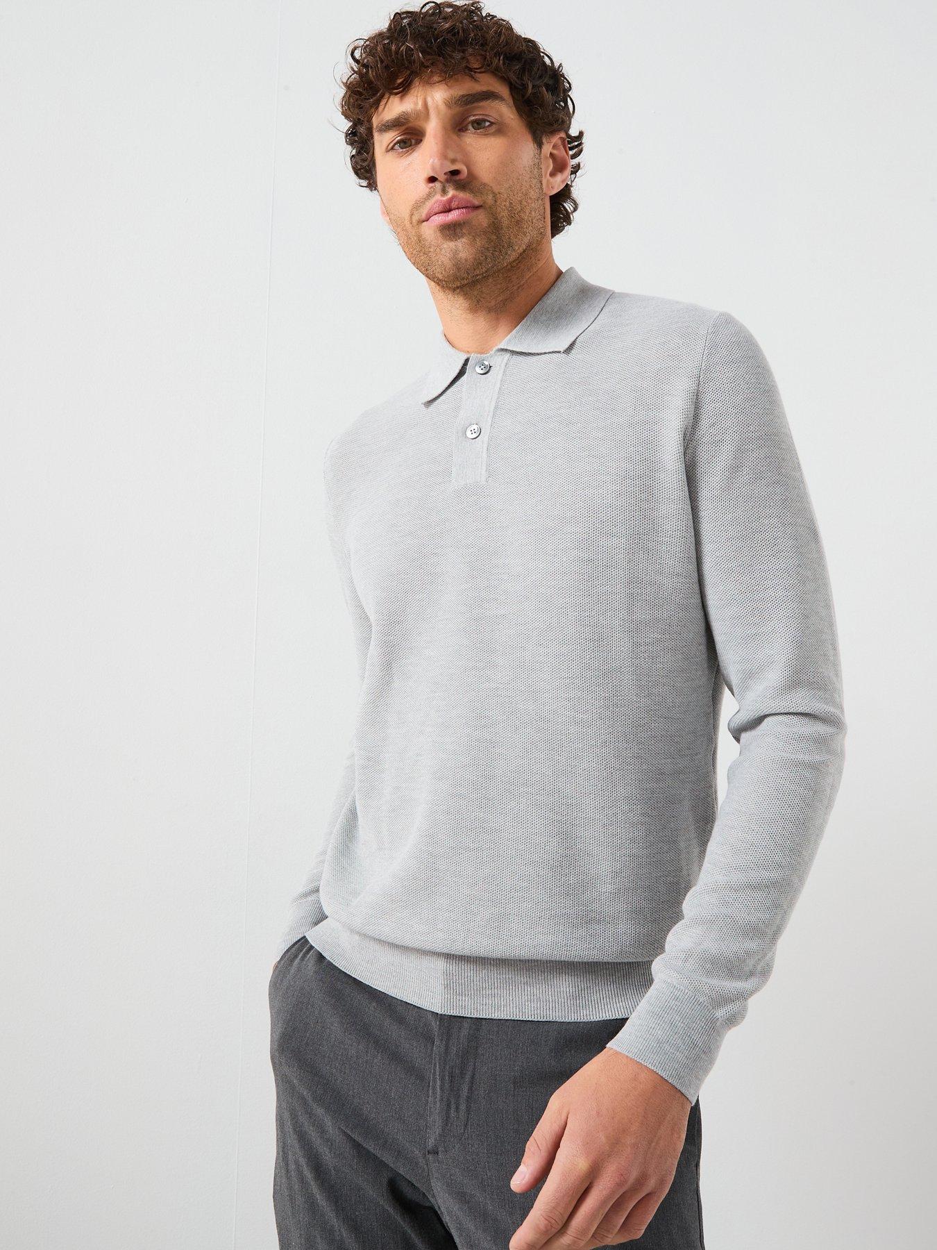 Mango Ten Cotton Pique Long Sleeve Knitted Polo Shirt - Light Grey