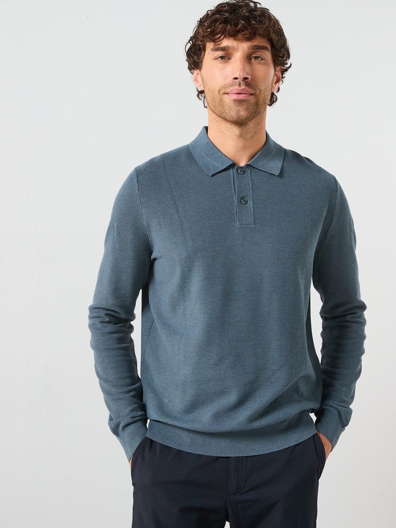 Mango Ten Cotton Pique Long Sleeve Knitted Polo Shirt - Blue