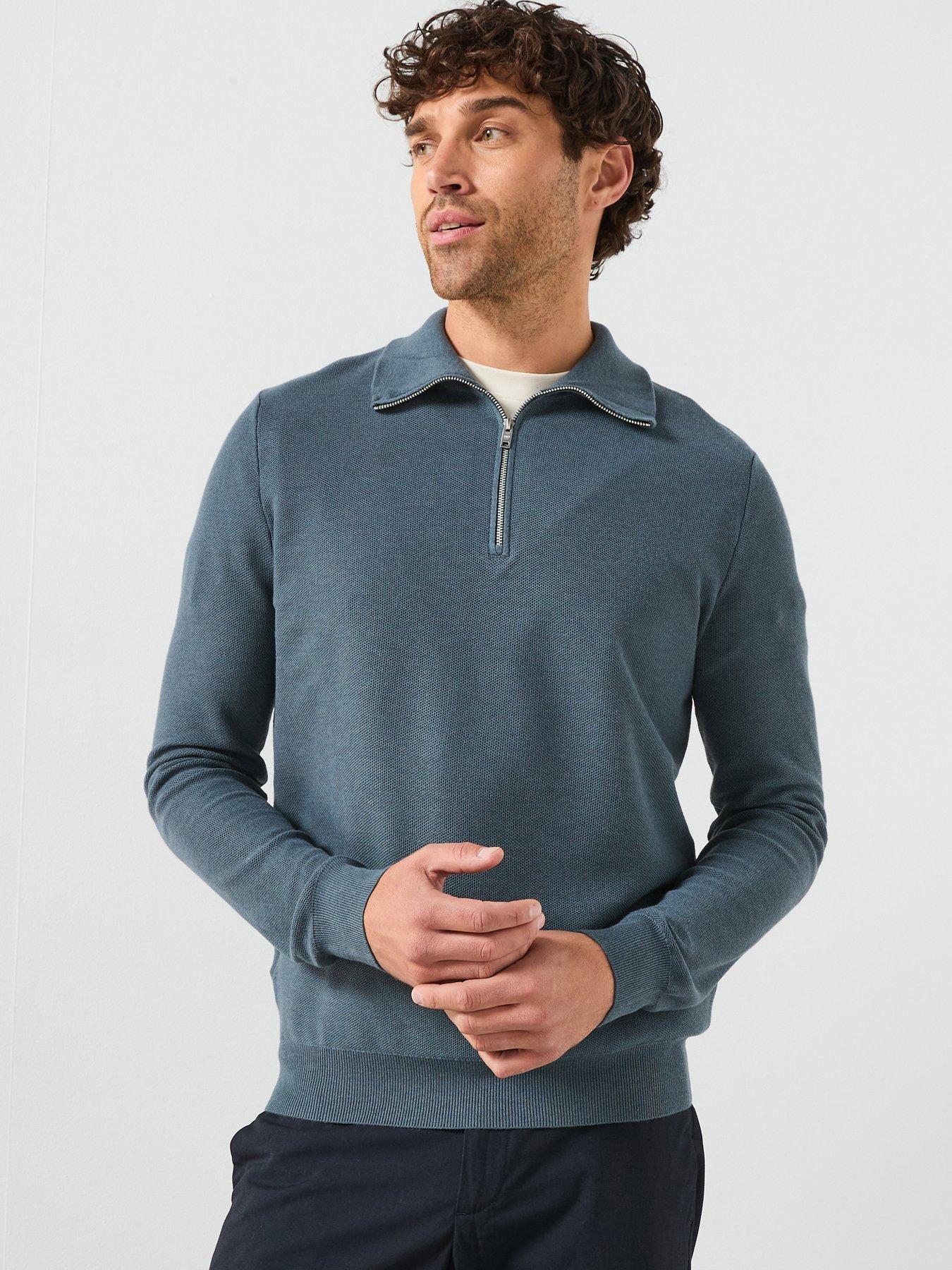 Mango Ten Cotton Pique 1/4 Zip Knitted Jumper - Blue