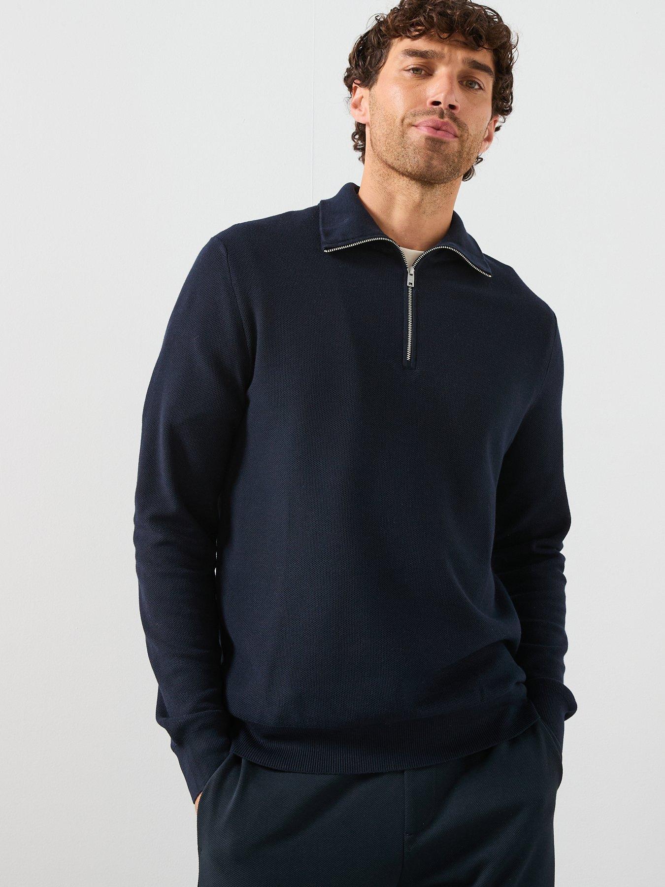 Image 1 of 6 of Mango Ten Cotton Pique 1/4 Zip Knitted Jumper - Navy