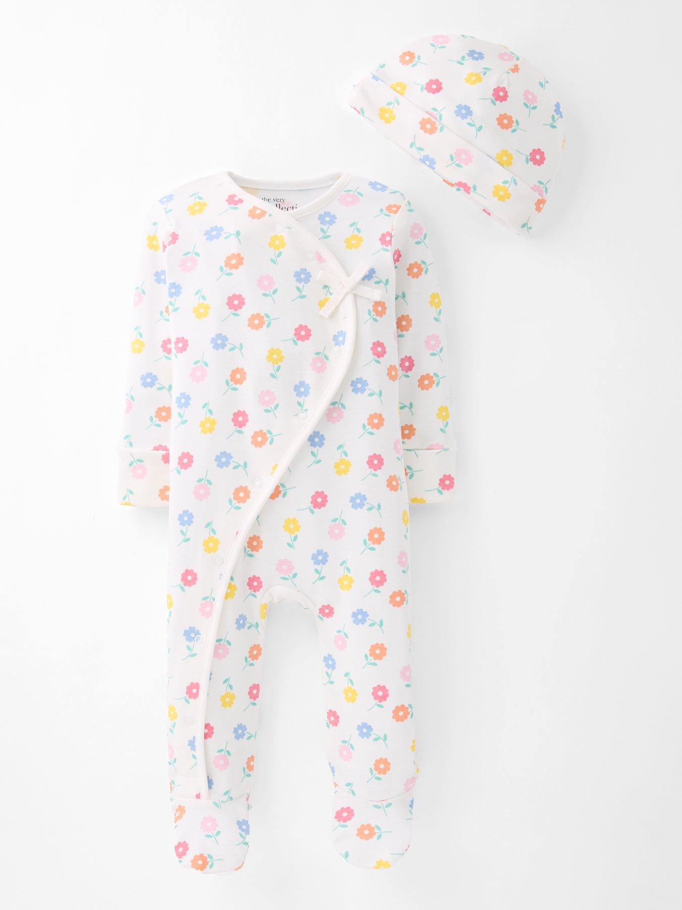 Image 1 of 5 of The Very Collection Floral Print Sleepsuit &amp; Hat Set - White