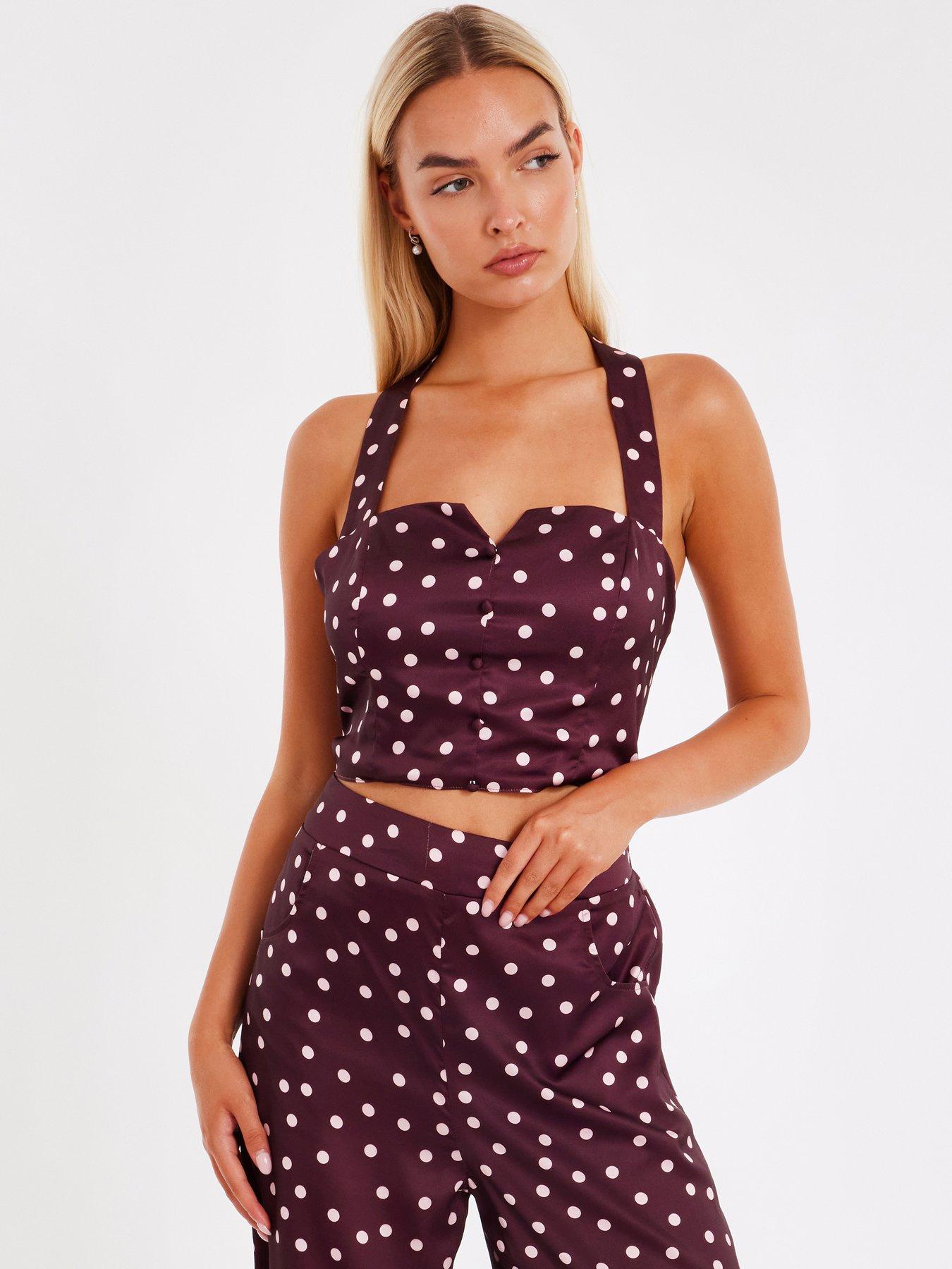 Image 1 of 6 of Quiz Dark Red Polka Dot Crop Top
