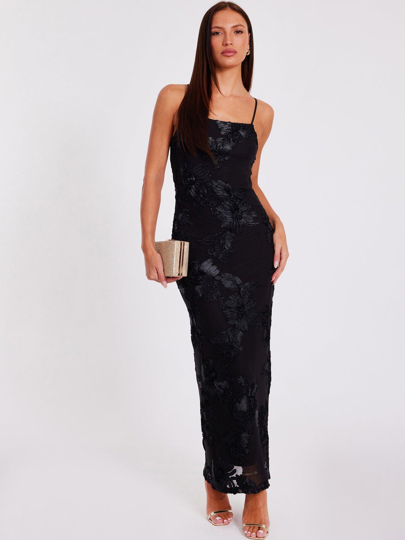Image 1 of 6 of Quiz Black Floral Applique Midaxi Dress