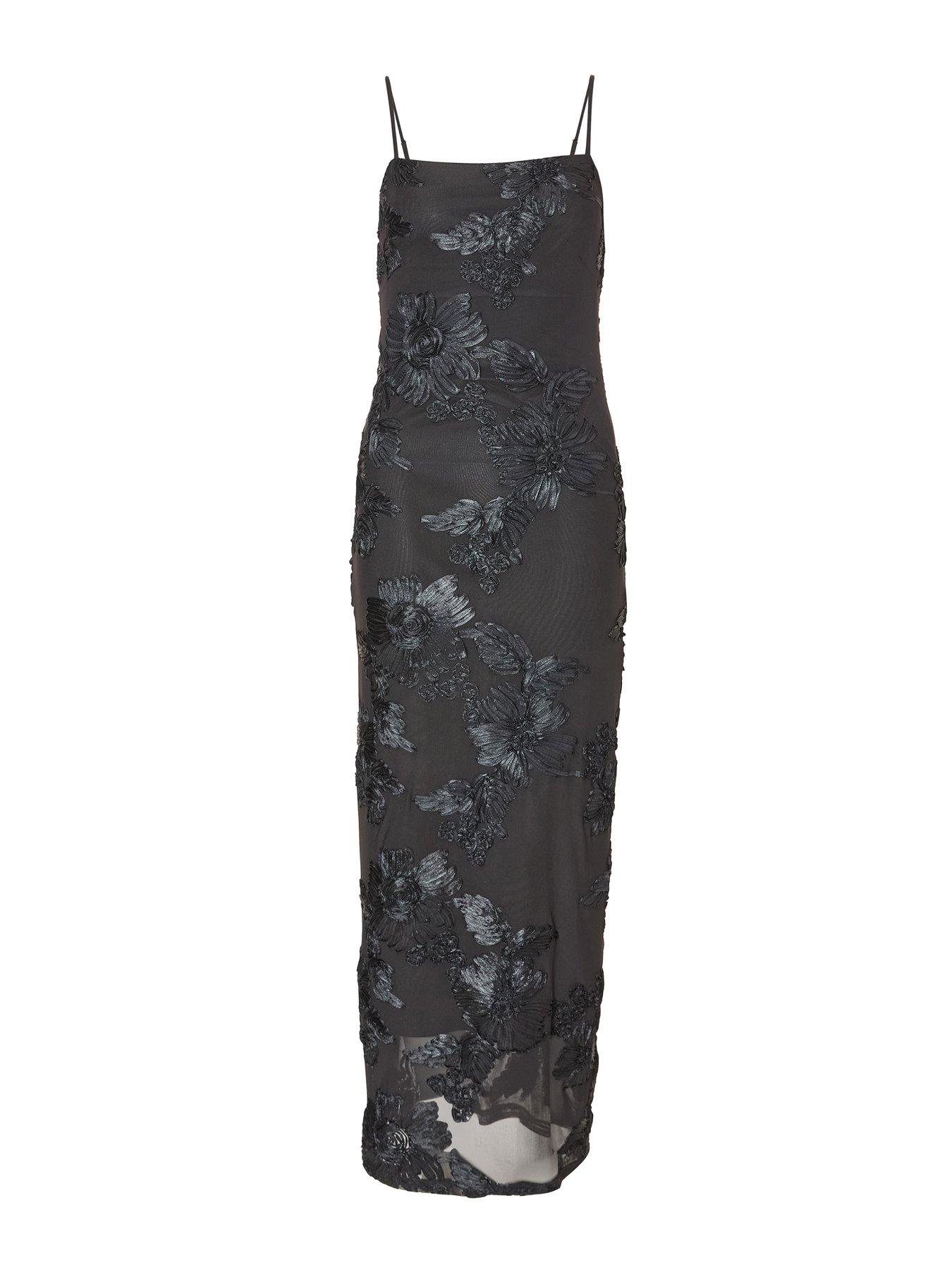 Image 4 of 6 of Quiz Black Floral Applique Midaxi Dress