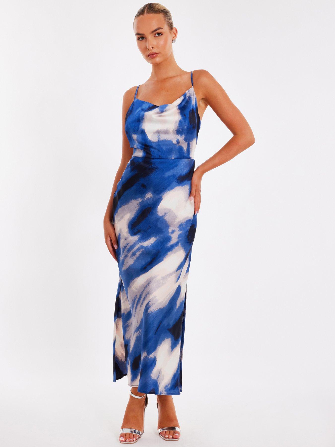 undefined Blue Satin Marble Midaxi Dress