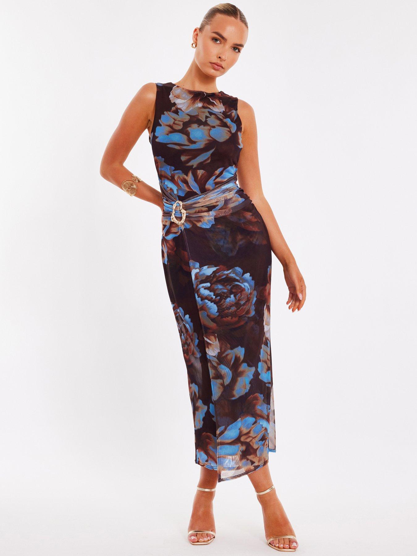 Image 1 of 6 of Quiz Brown Mesh Floral Midaxi Dress