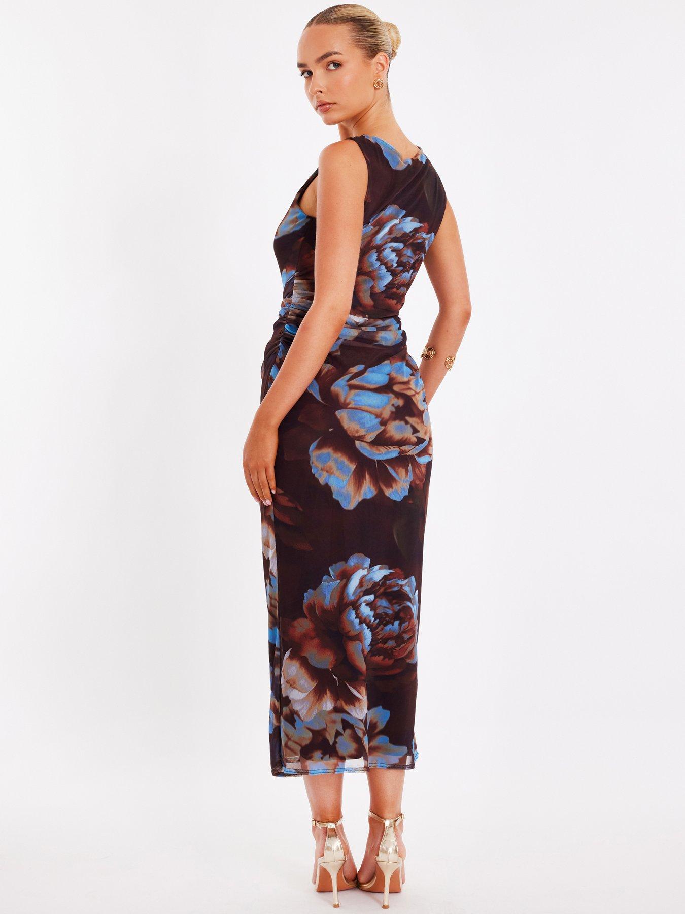 Image 2 of 6 of Quiz Brown Mesh Floral Midaxi Dress