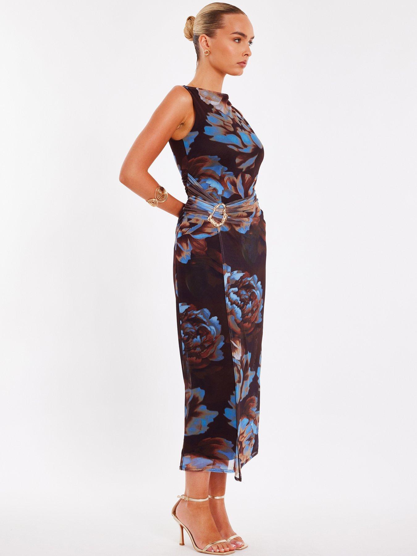 Image 3 of 6 of Quiz Brown Mesh Floral Midaxi Dress