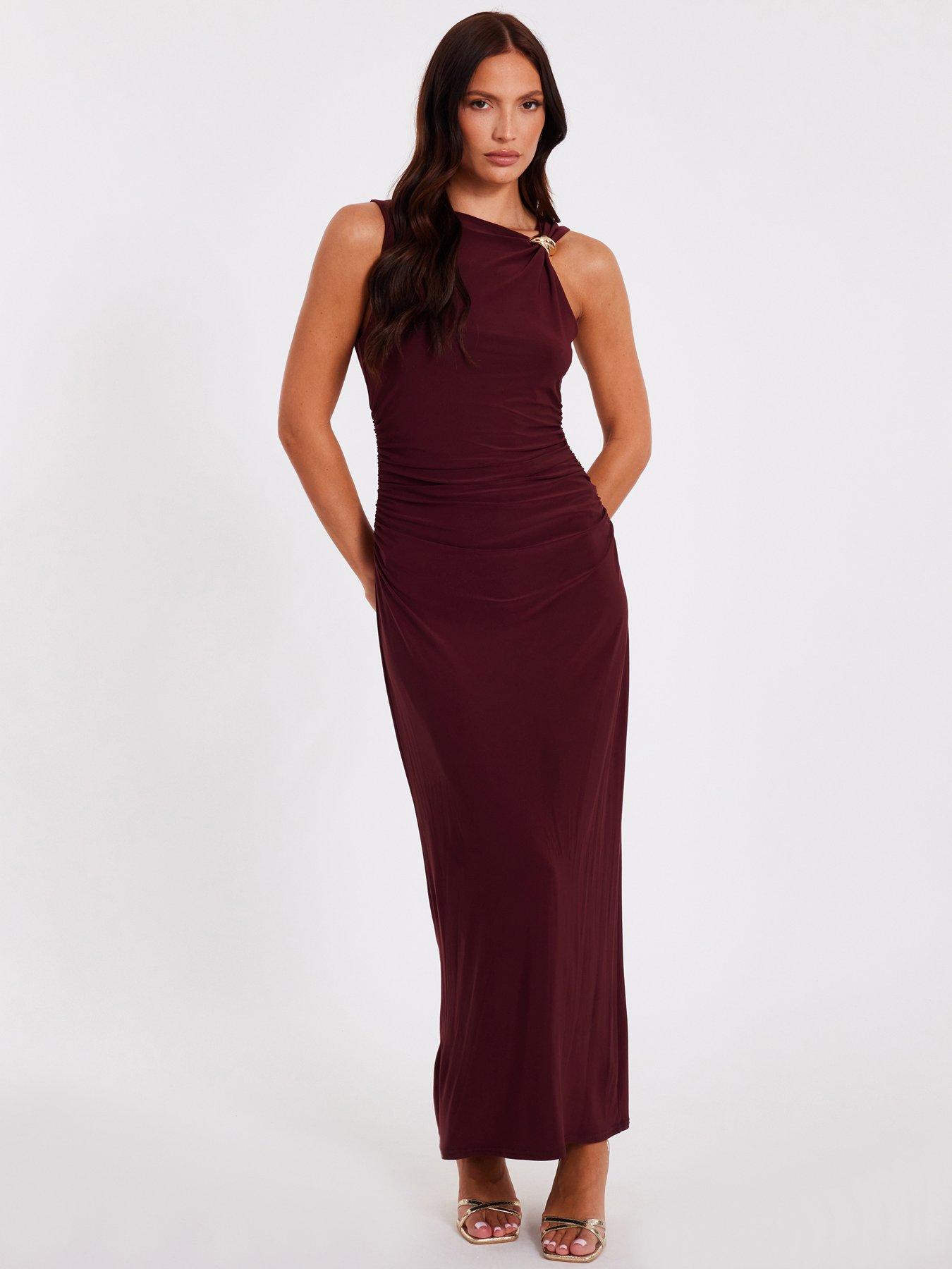 Image 1 of 6 of Quiz Dark Red Gold Buckle Midaxi Dress